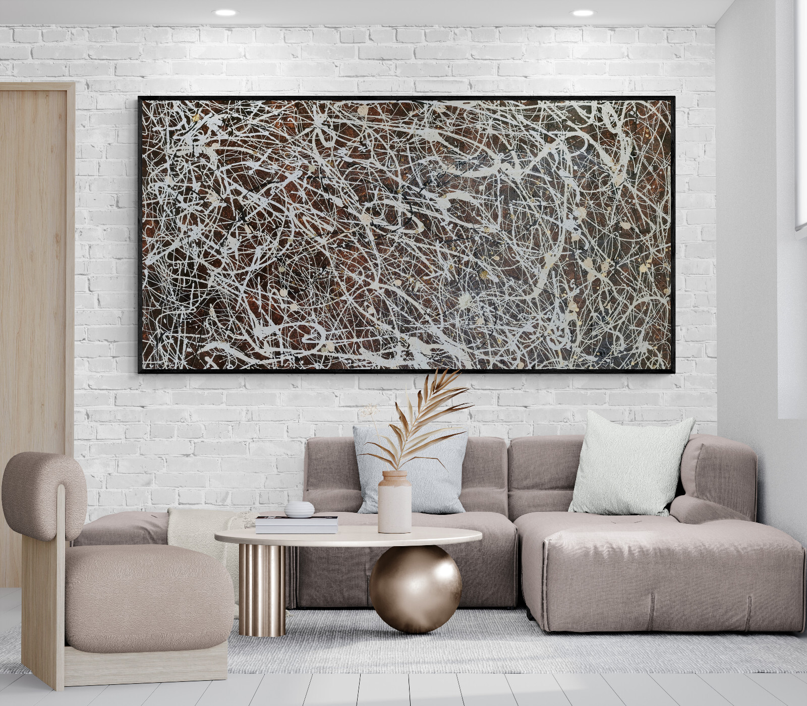 XXL Jackson Pollock Style Brown Abstract Art Textured Painting 59×30 in