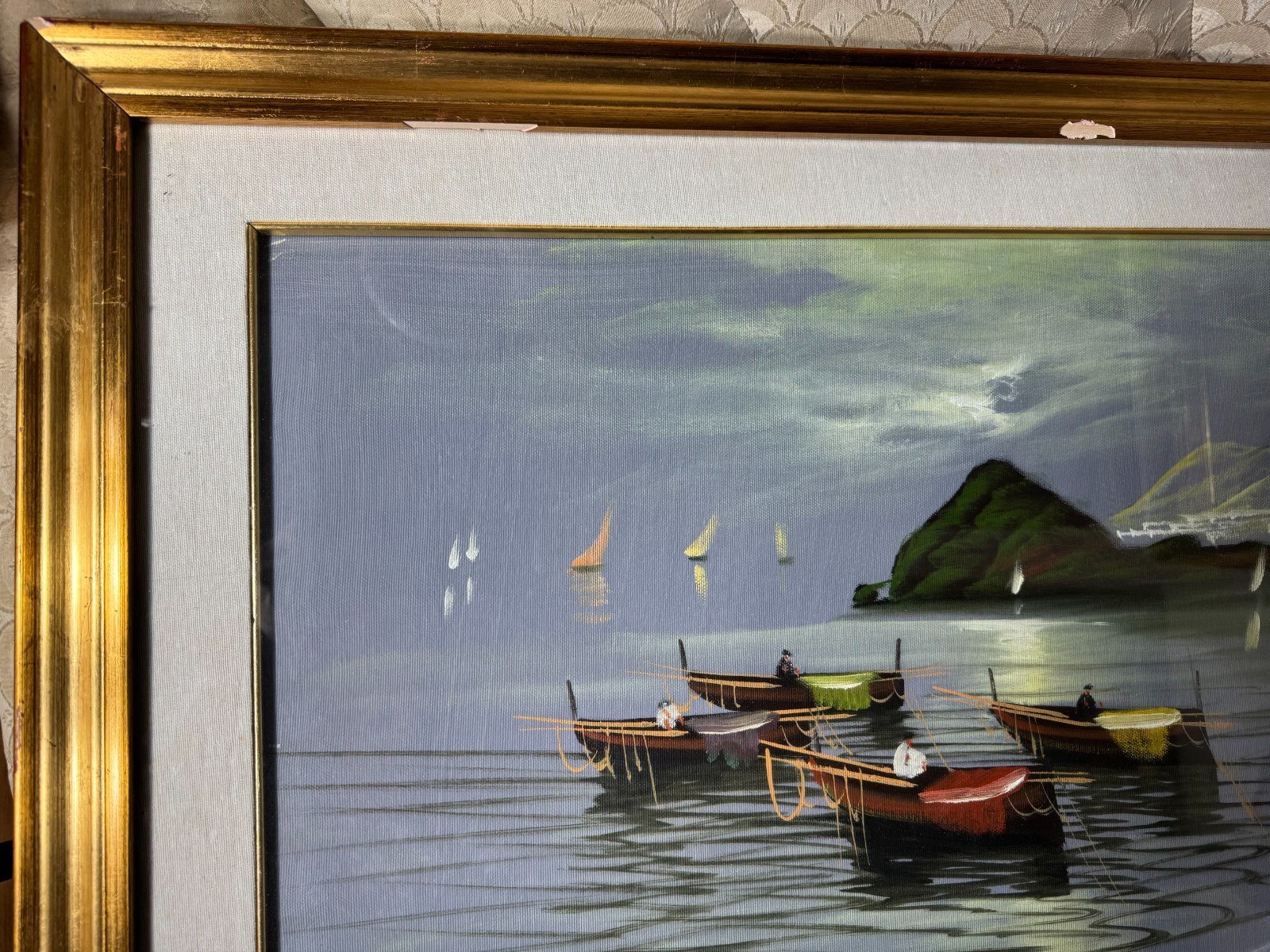 Large M Galaceo “Coastal Landscape With Moored Boats” Oil Painting-Signed/Framed