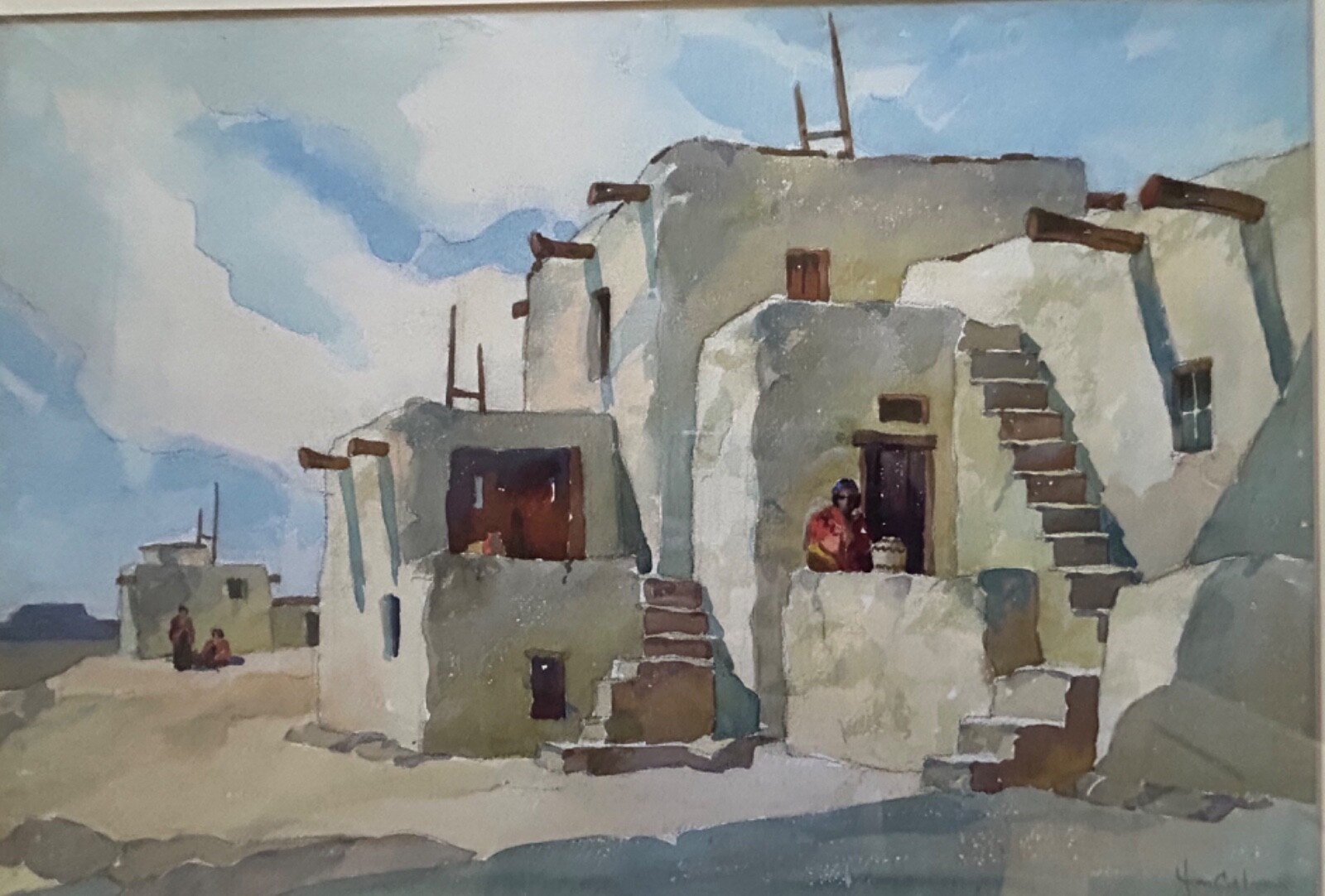 Large John Cuthbert Hare American Watercolor Painting Pueblo ca. 1930s Untitled