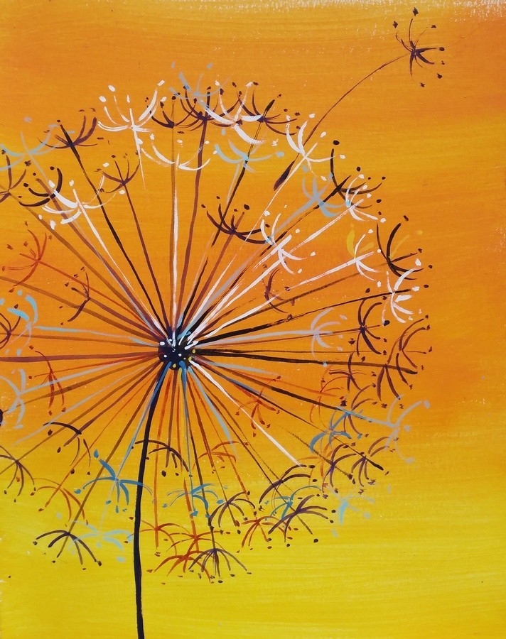 Original painting on paper, DANDELION FLOWER, 12×14, signed