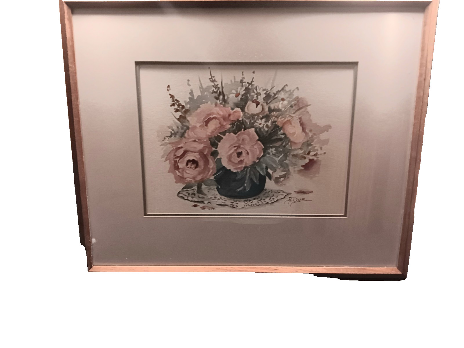Original Signed Watercolor Doubled Matted Framed Beautiful Pink Roses and Greens