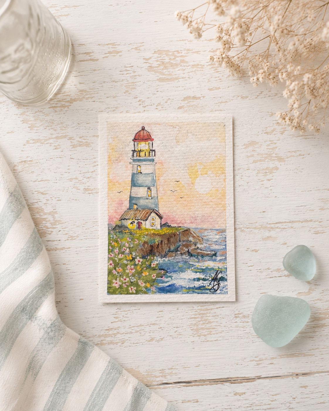 Harbor of Hope -ACEO Original Watercolor Lighthouse Painting OOAK card Christ