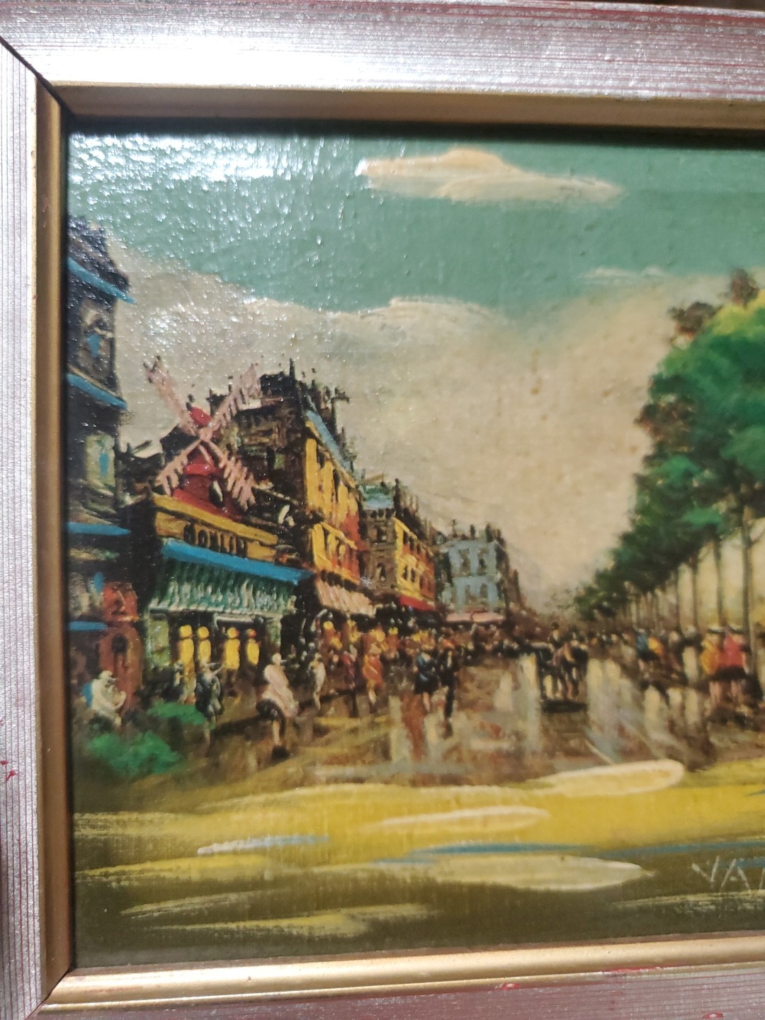 Vtg Spanish Hand Painted Oil Painting Paris Street Scene 8″ Gold Leaf Montmartre