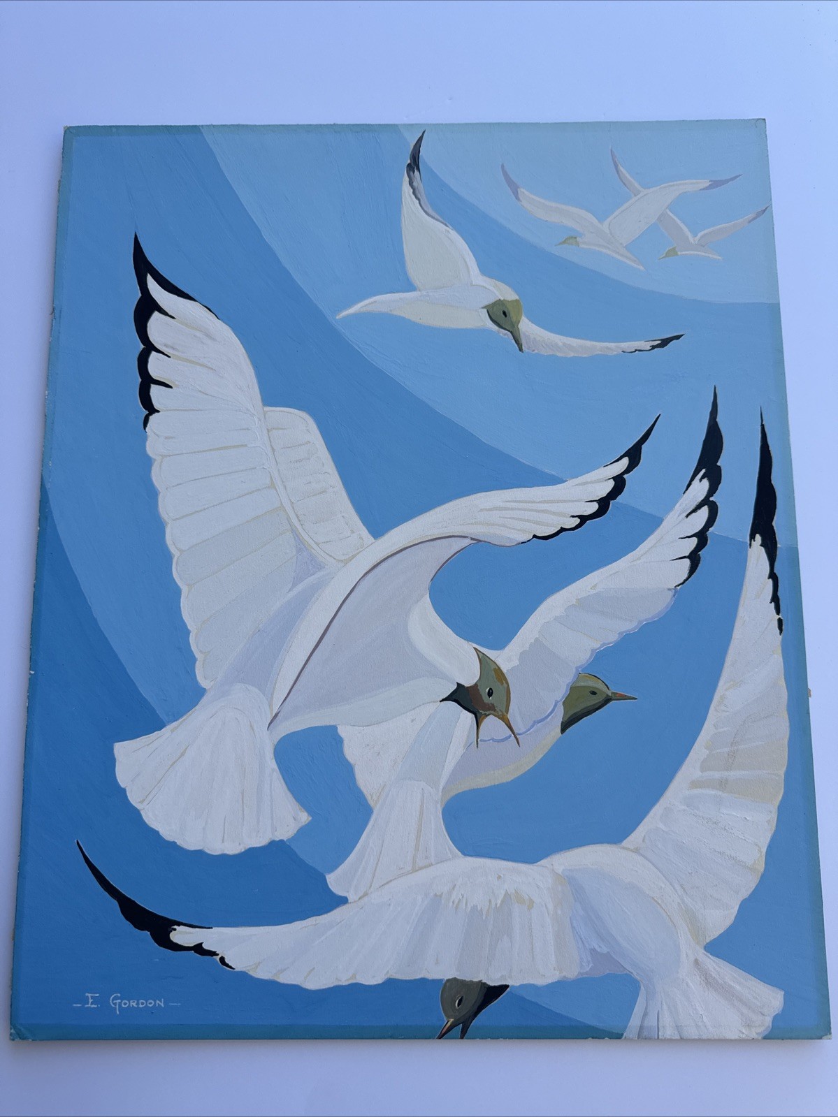 MID CENTURY PAINTING BIRDS MODERNISM CUBISM SIGNED GORDON VINTAGE ILLUSTRATION
