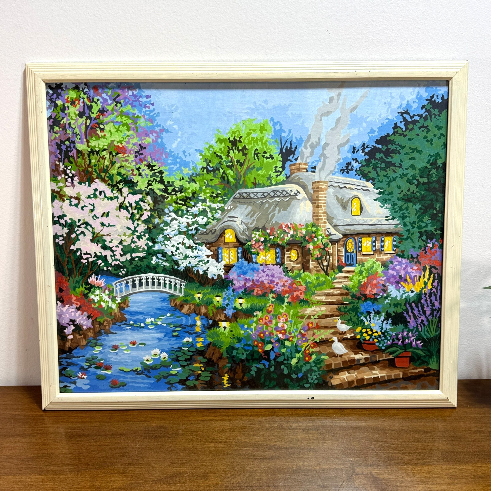 Vintage Paint by Number Completed Framed Cottage Flowers Stream 21.5 x 17 in