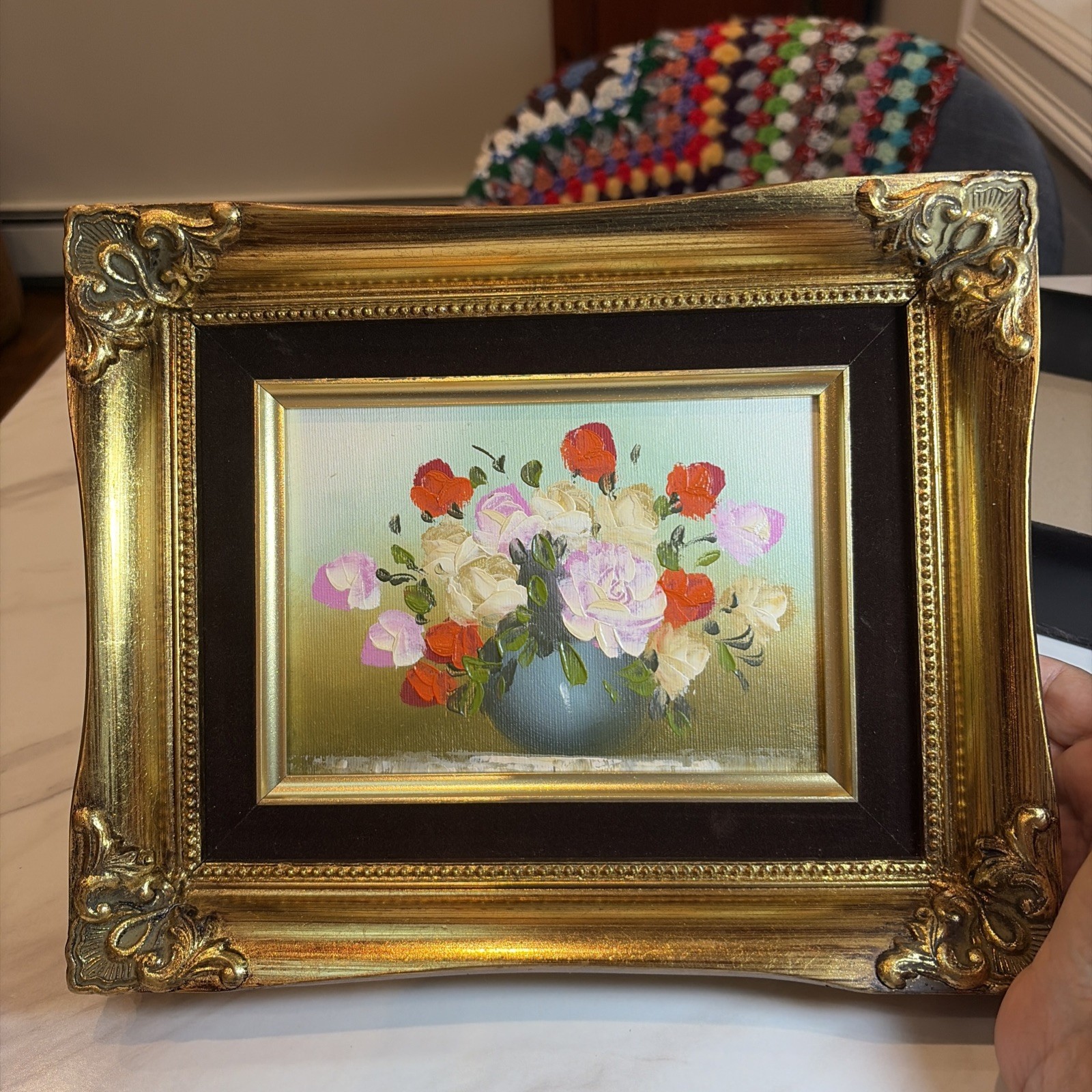 Vintage Floral Still Life Oil Painting in Gold ornate frame roses