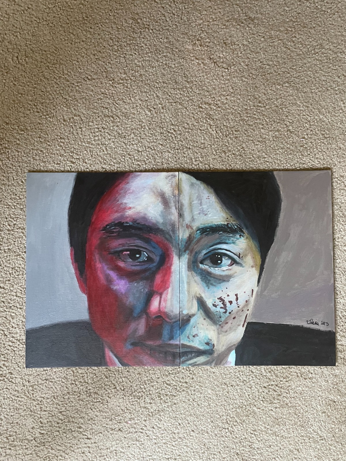 Squid Game – Original Canvas Painting- Salesman displays two emotions (2 canvas)