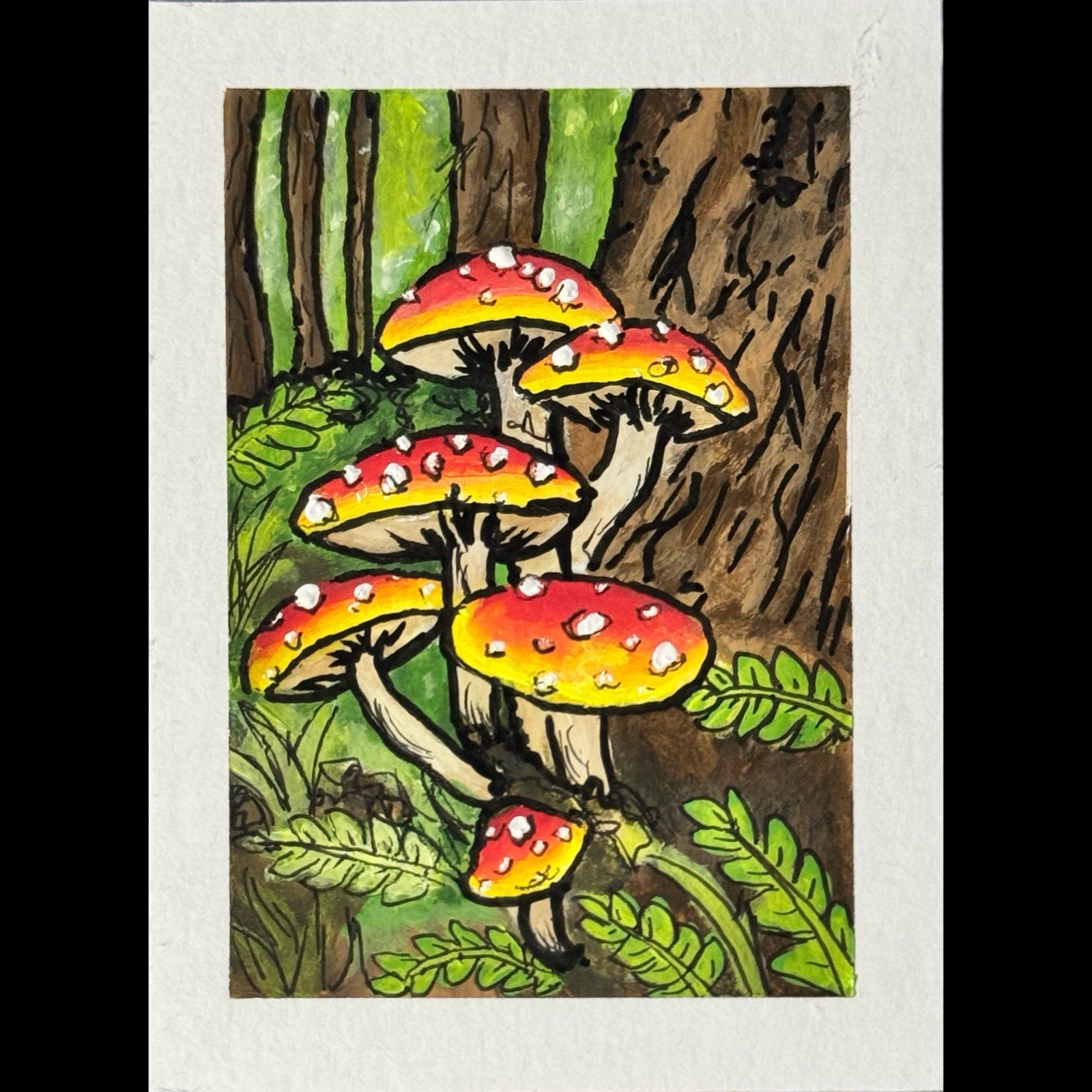 ACEO Original Acrylic 2.5×3.5 Sunset Colored Mushrooms In The Middle Of A Forest