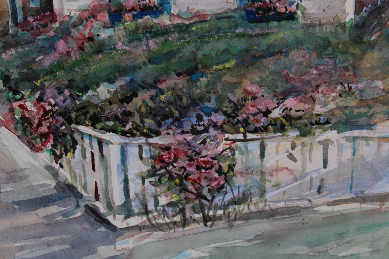 Lorretta Brown Cottage Garden Scene Watercolor Painting Signed Large Watercolor