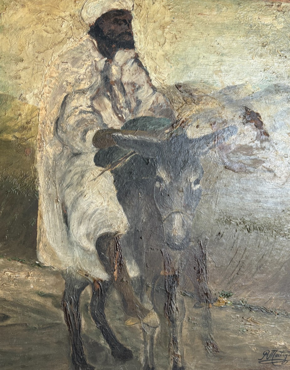 R.V. MANAGO Oriental Scene, Donkey – Painting Antique Original