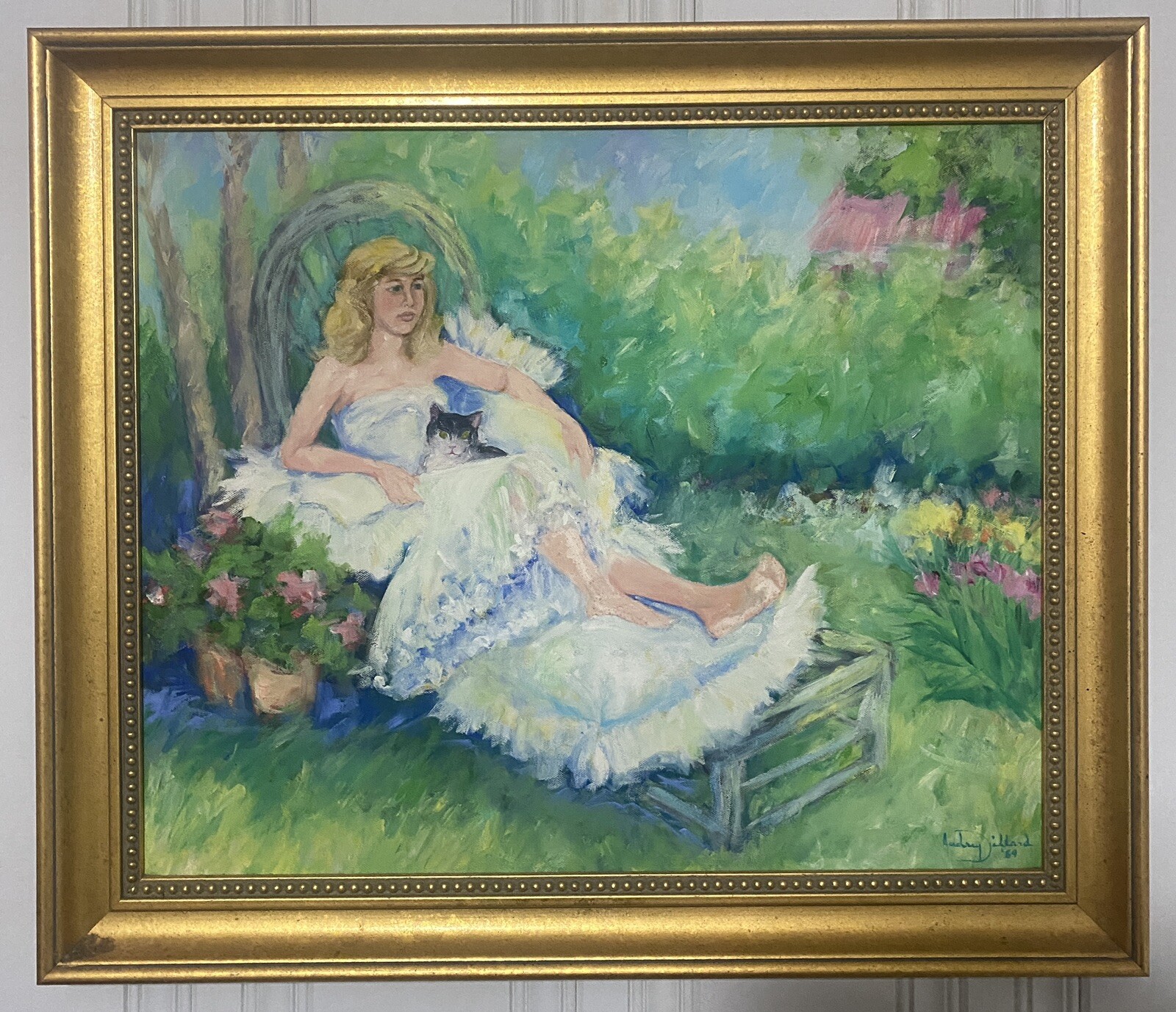 1989 Large Audrey Dillard Original Oil on Canvas Framed Flower Cat Woman Scene