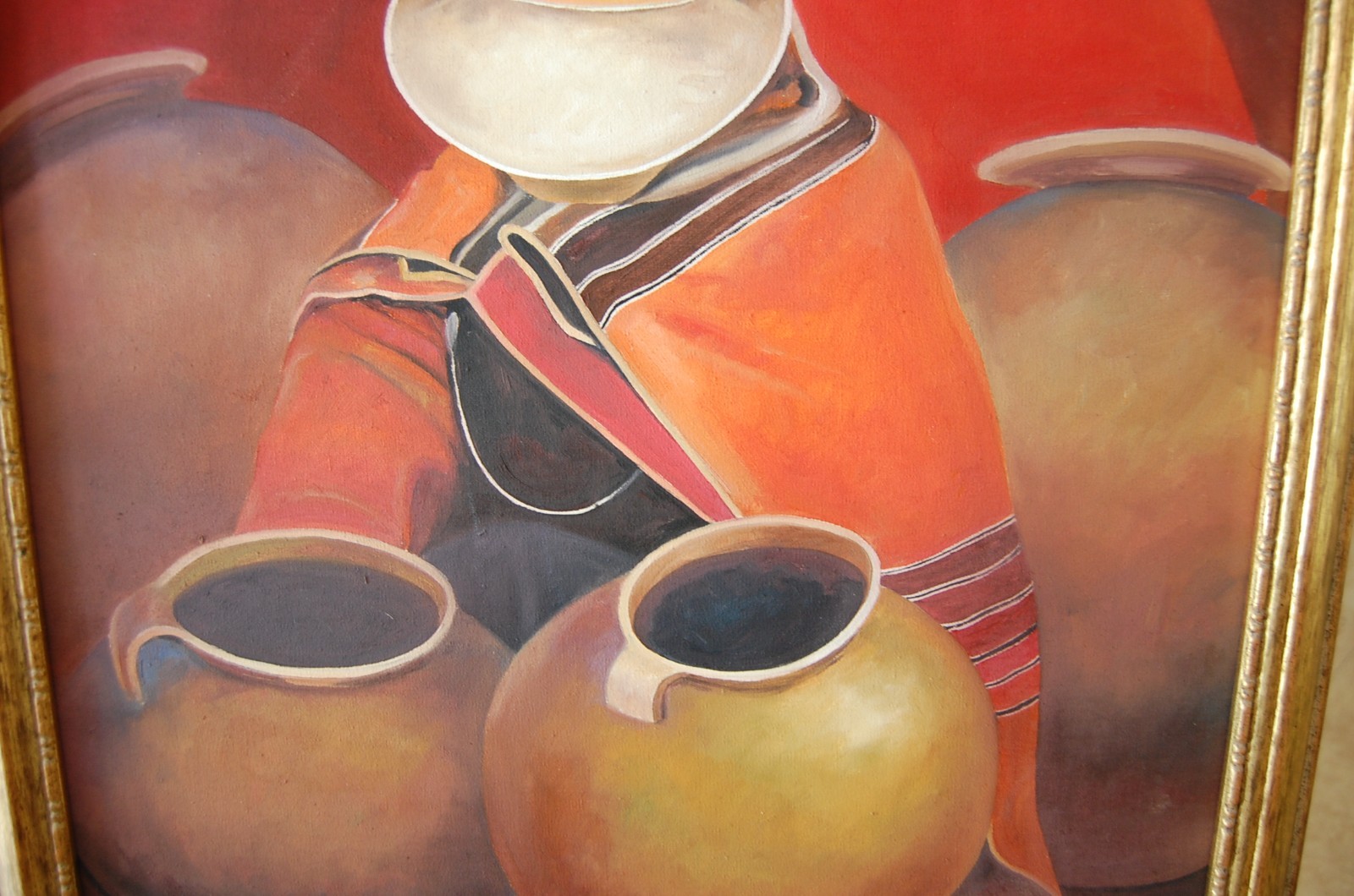 LARGE FRAMED ORIGINAL OIL PERUVIAN WOMEN AND JARS MARKET SCENE ARTIST: VALLE