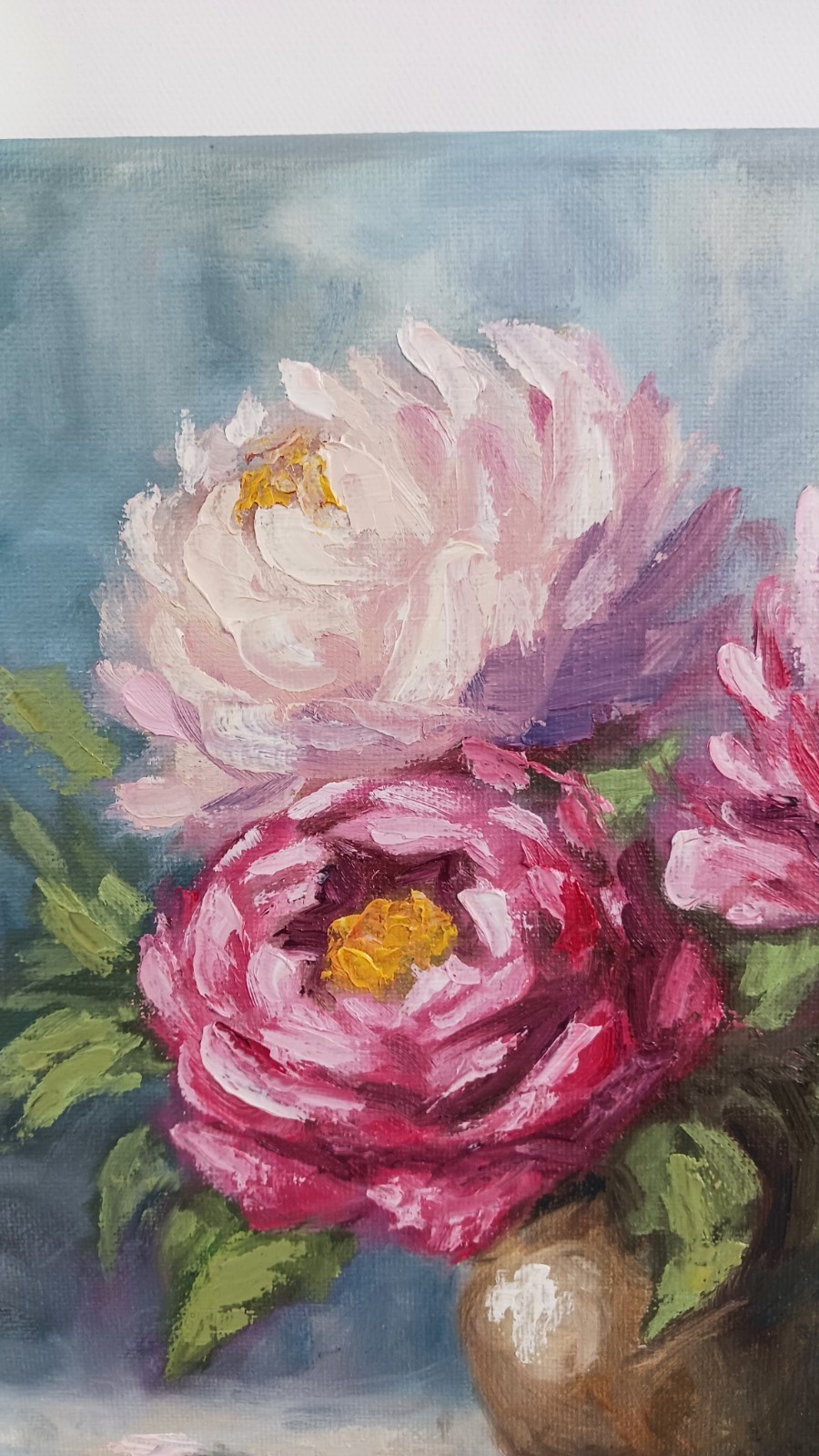 Peony Flowers ORIGINAL Oil Painting Flowers in Vintage Vase Fine Art 10″x10″