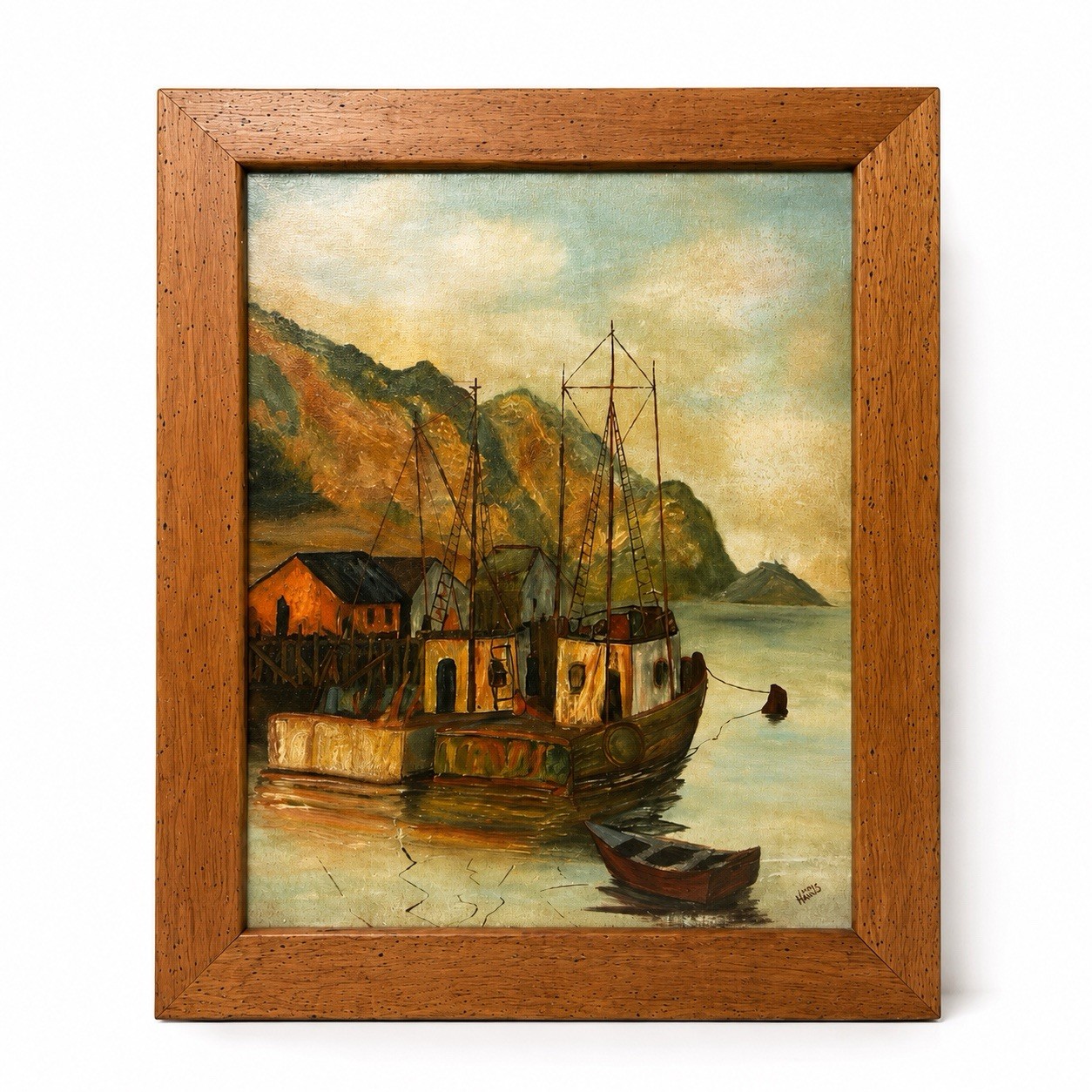 Vintage Harbor Fishing Boat Coastal Seascape Framed Painting Signed 19.5×23.5
