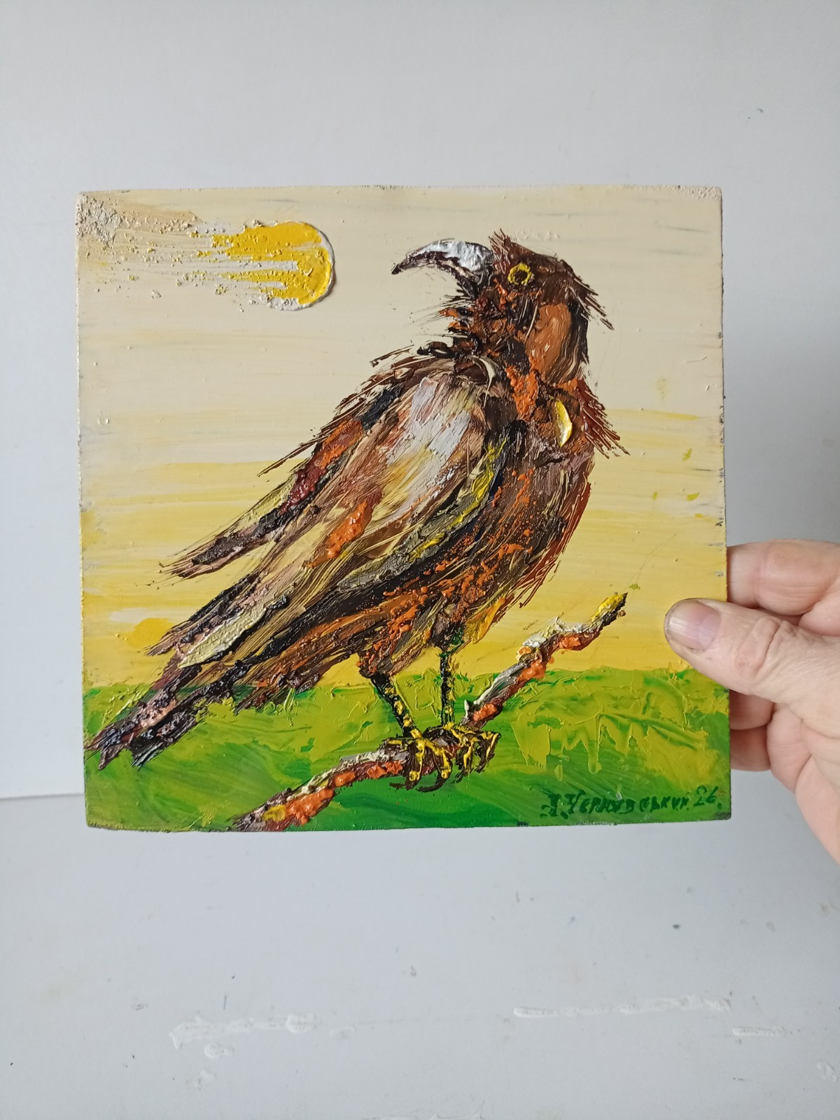 Raven Birds Impasto Painting Original Art Impression Oil Painting 7.8 x 7.8 in