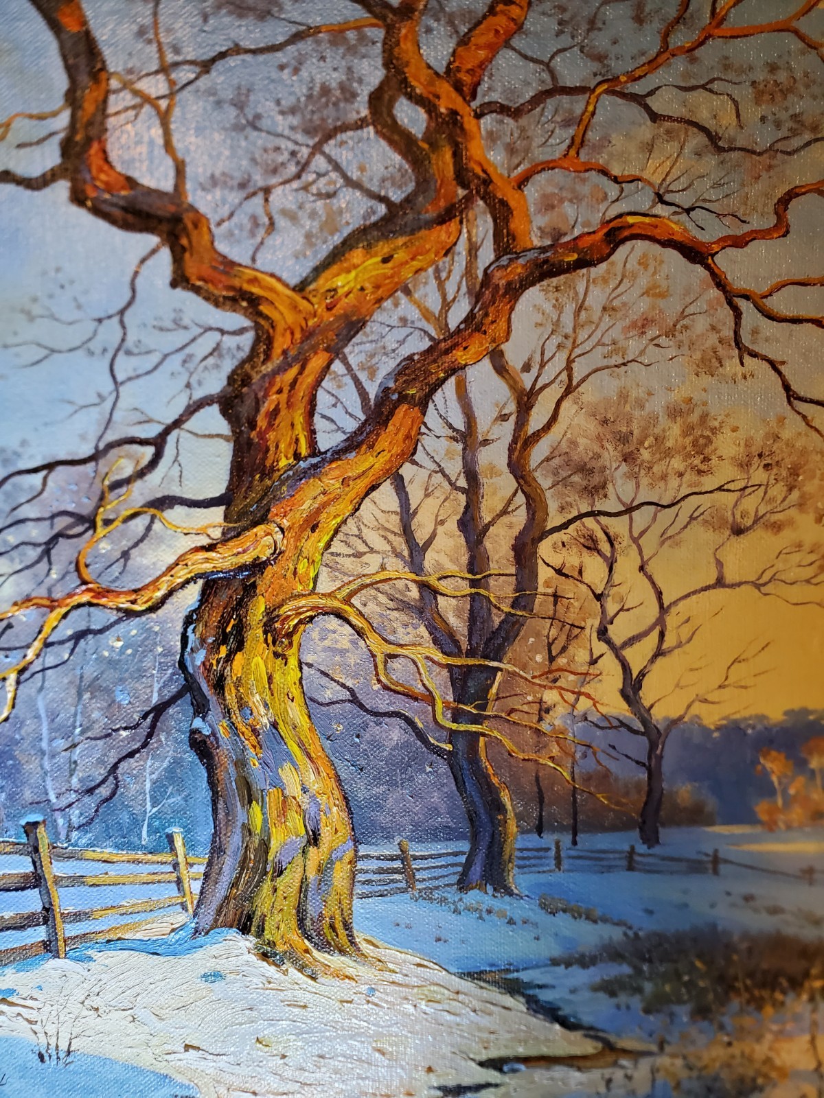 Original Oil Art Framed winter landscape painting with trees and bright blue sky