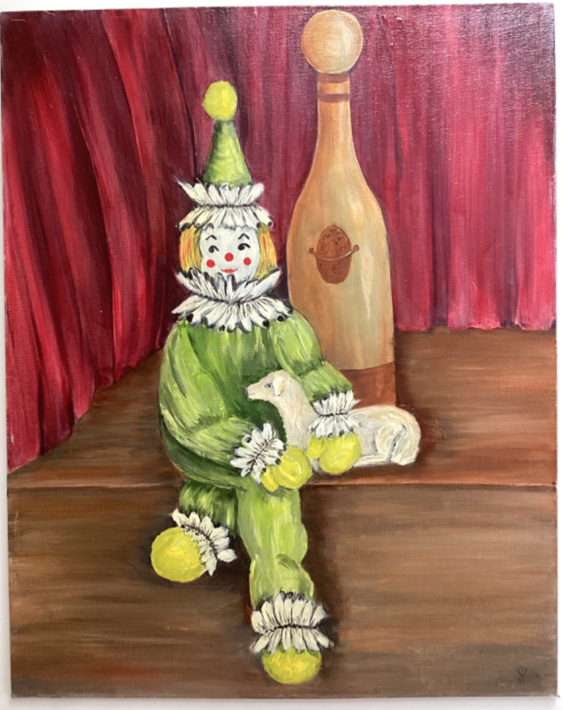 Vintage 1981 original oil over acrylic painting clown dog stage signed