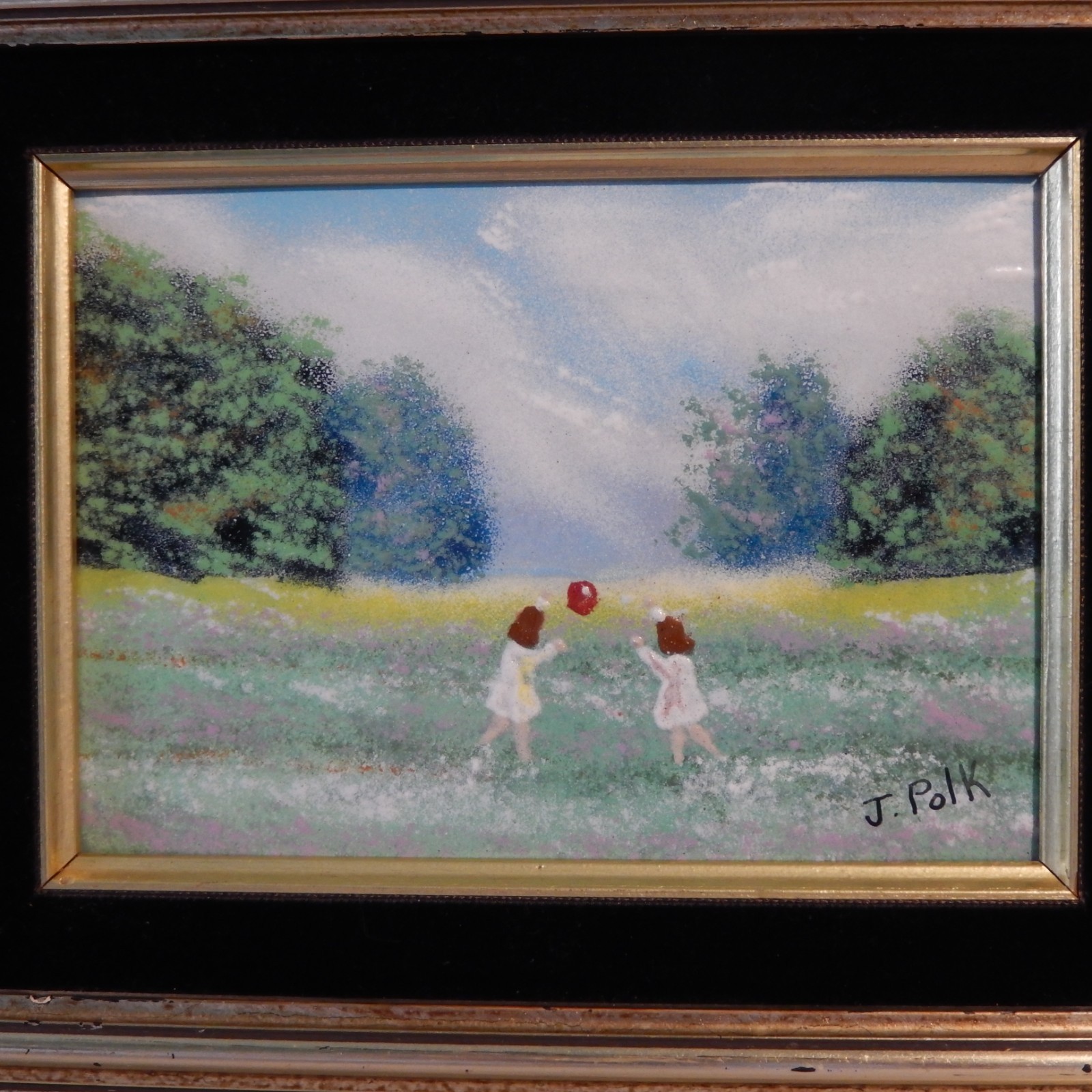 Vintage J POLK Enamel Girls Playing In Field Copper Painting Matted Framed Art