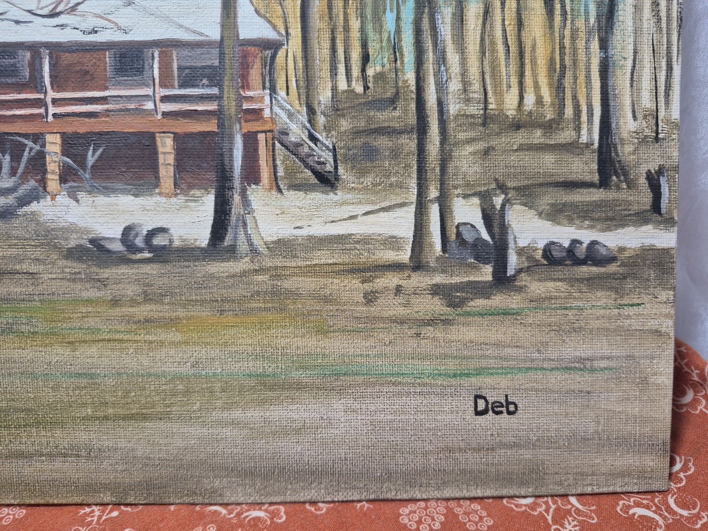 Vintage-Style Acrylic painting on Panel Depicting a Cabin Scene 9″ X 12″