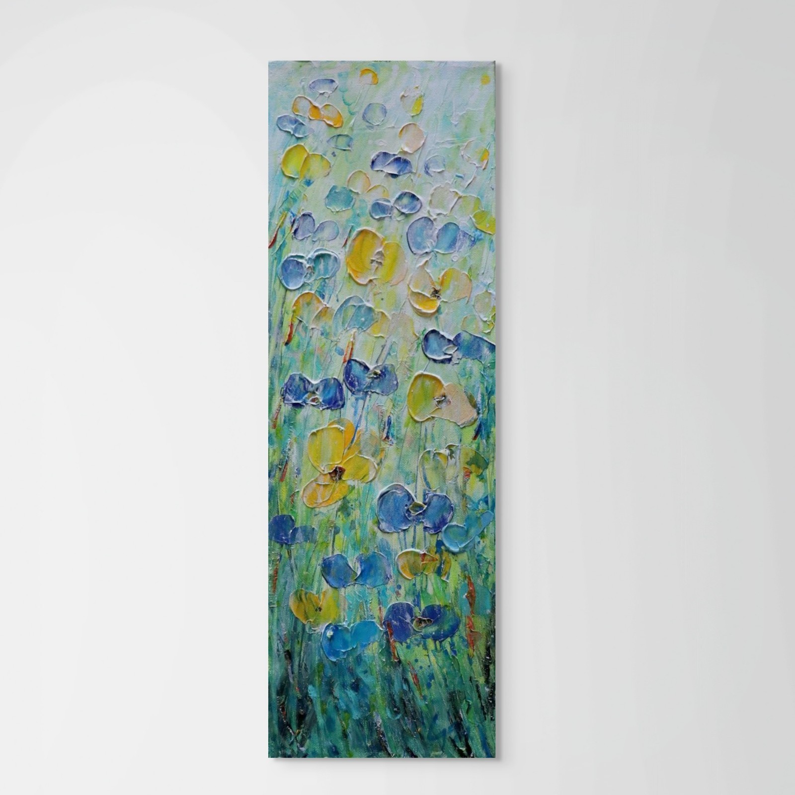 Vertical Wildflower Painting 8×24 Blue Yellow Floral Narrow Wall Art Canvas