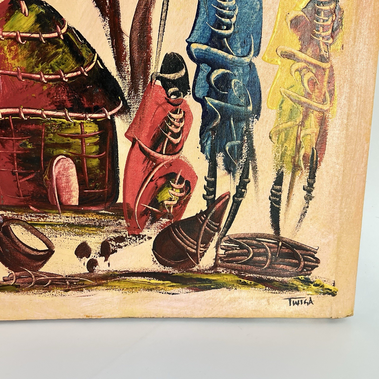 Kenyan Africa Culture Painting On Canvas Signed Twiga Villagers Hut 14.5×21.5 In