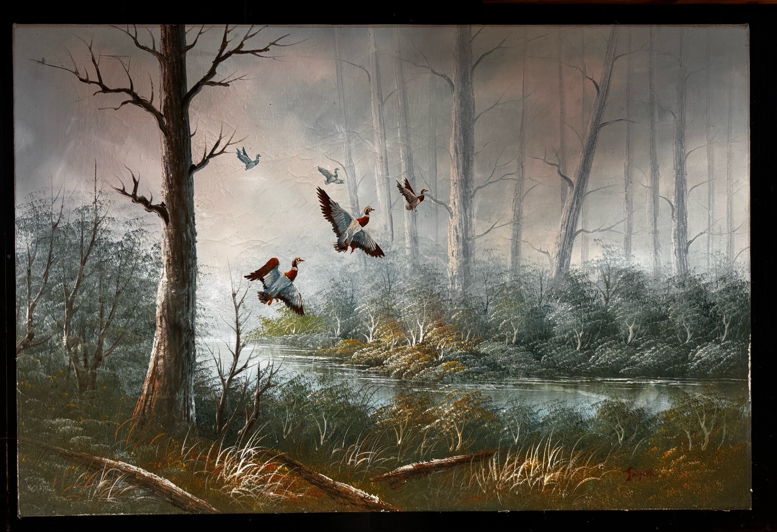 TAYLOR Vintage Original Painting Wildlife Ducks in Flight Marshlands 36″ x 24″