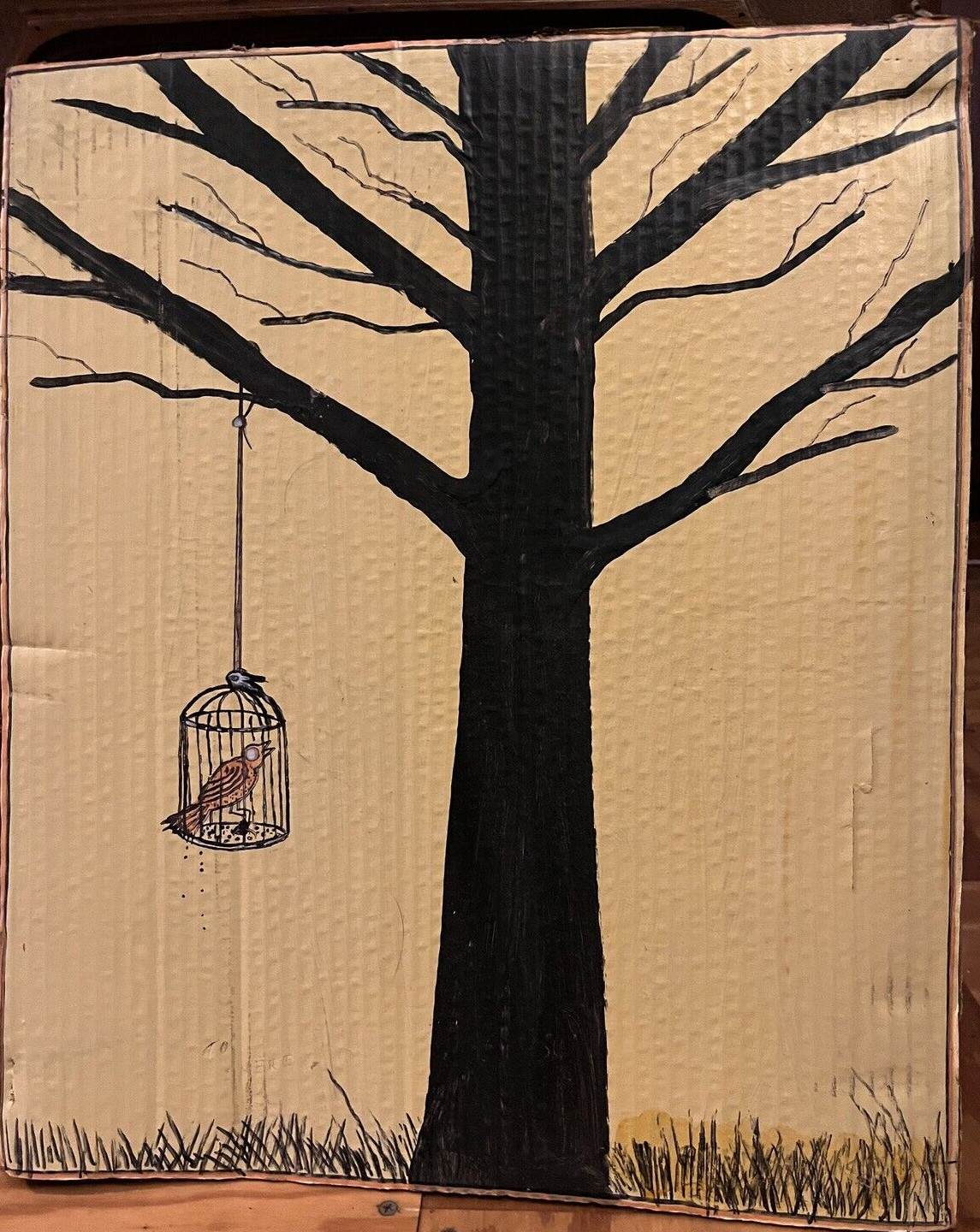 Birdcage on a Bare Tree Painting on Cardboard Outsider S. Stankowicz 2013