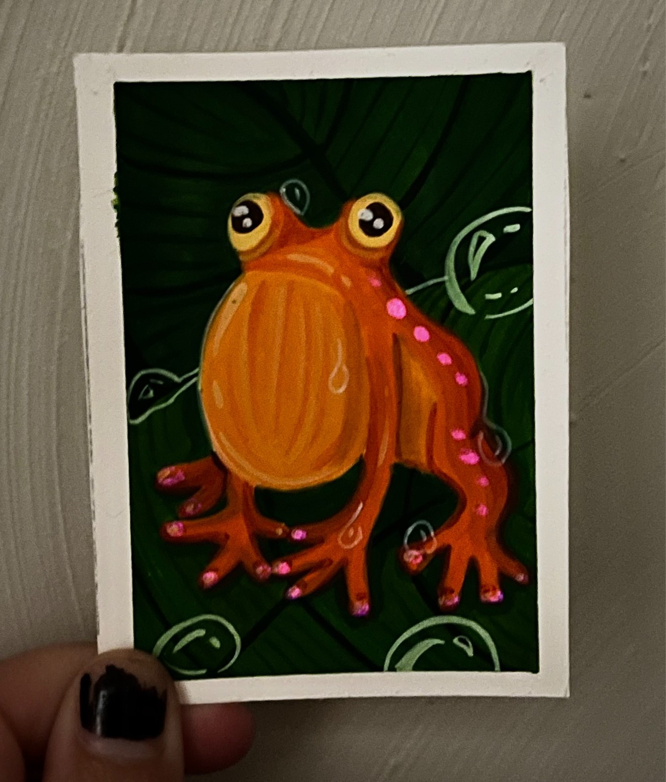 ACEO Original Orange Frog Whimsy Leaf Stylized Watercolor Art Cards NovaGale