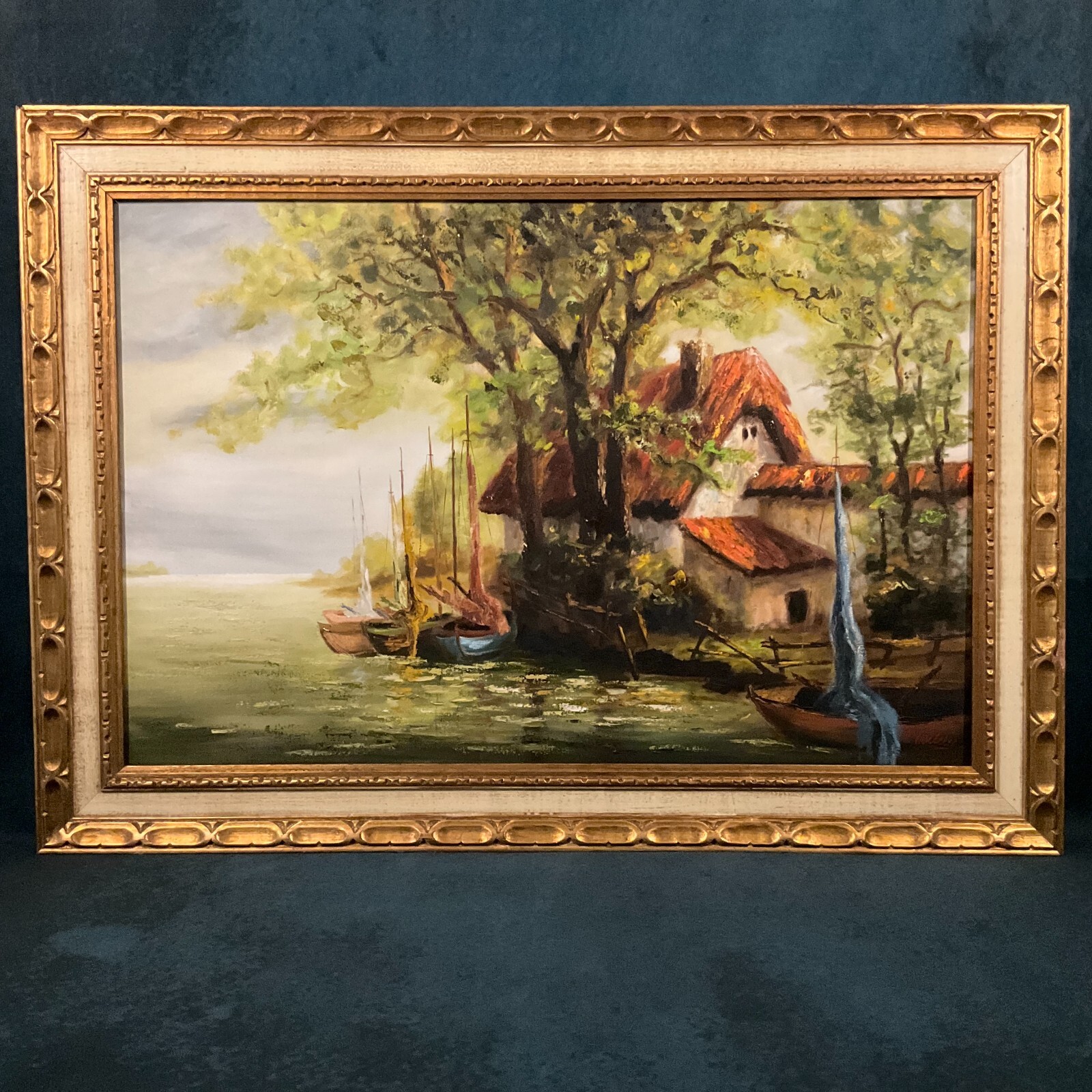 Vintage Framed Original Impressionist Landscape Oil on Canvas “Village Port”