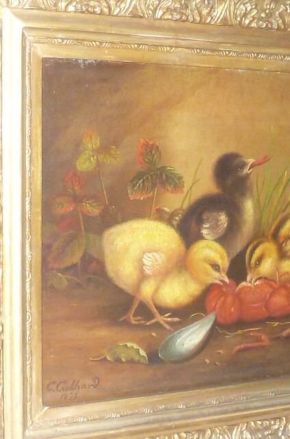 Old Oil Painting C.Gebhardt 1879 Painter Still Life Chick Ducks Picture Animals