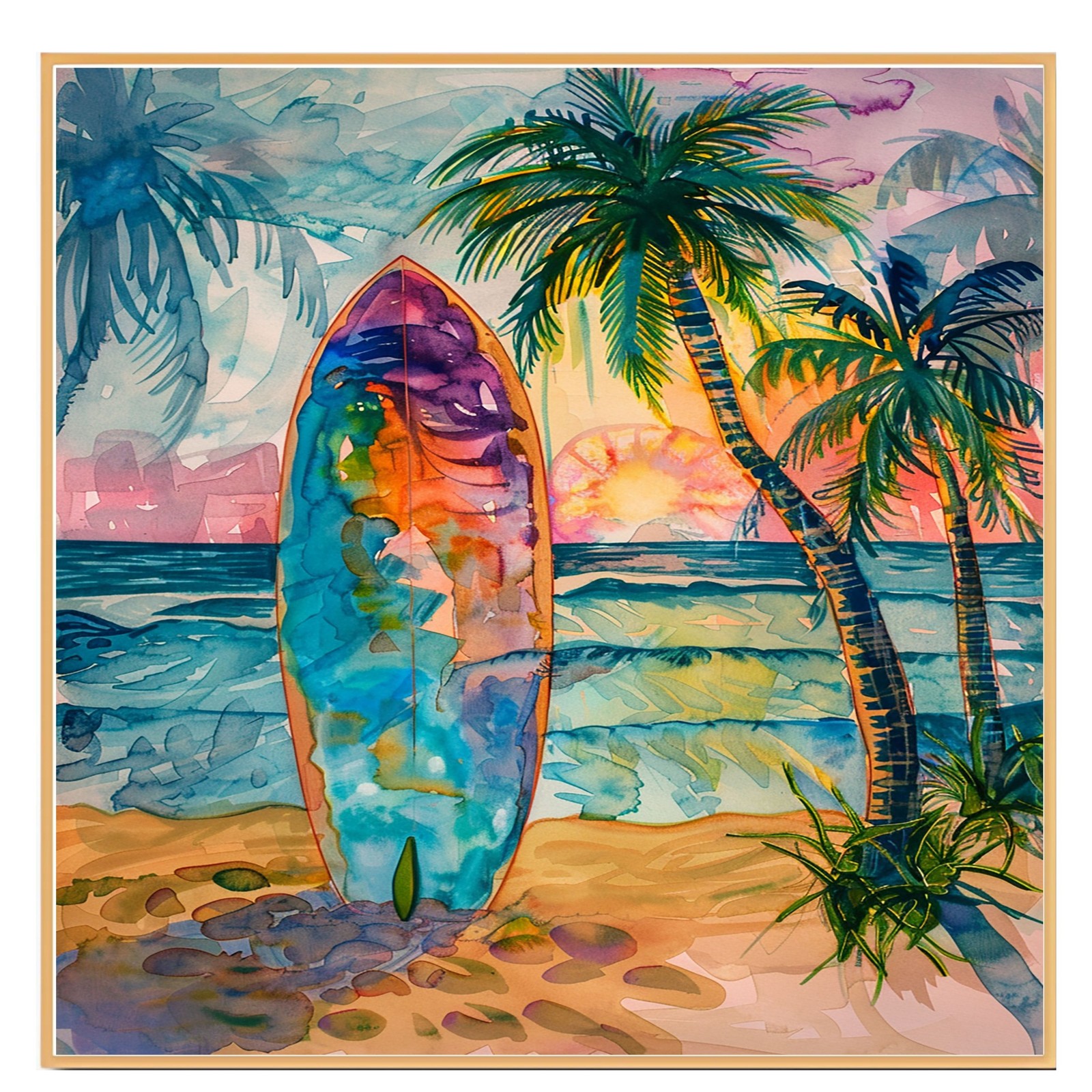 Watercolor Surfboard at Sunset with Palm Trees on Beach Ocean Canvas Wall Art