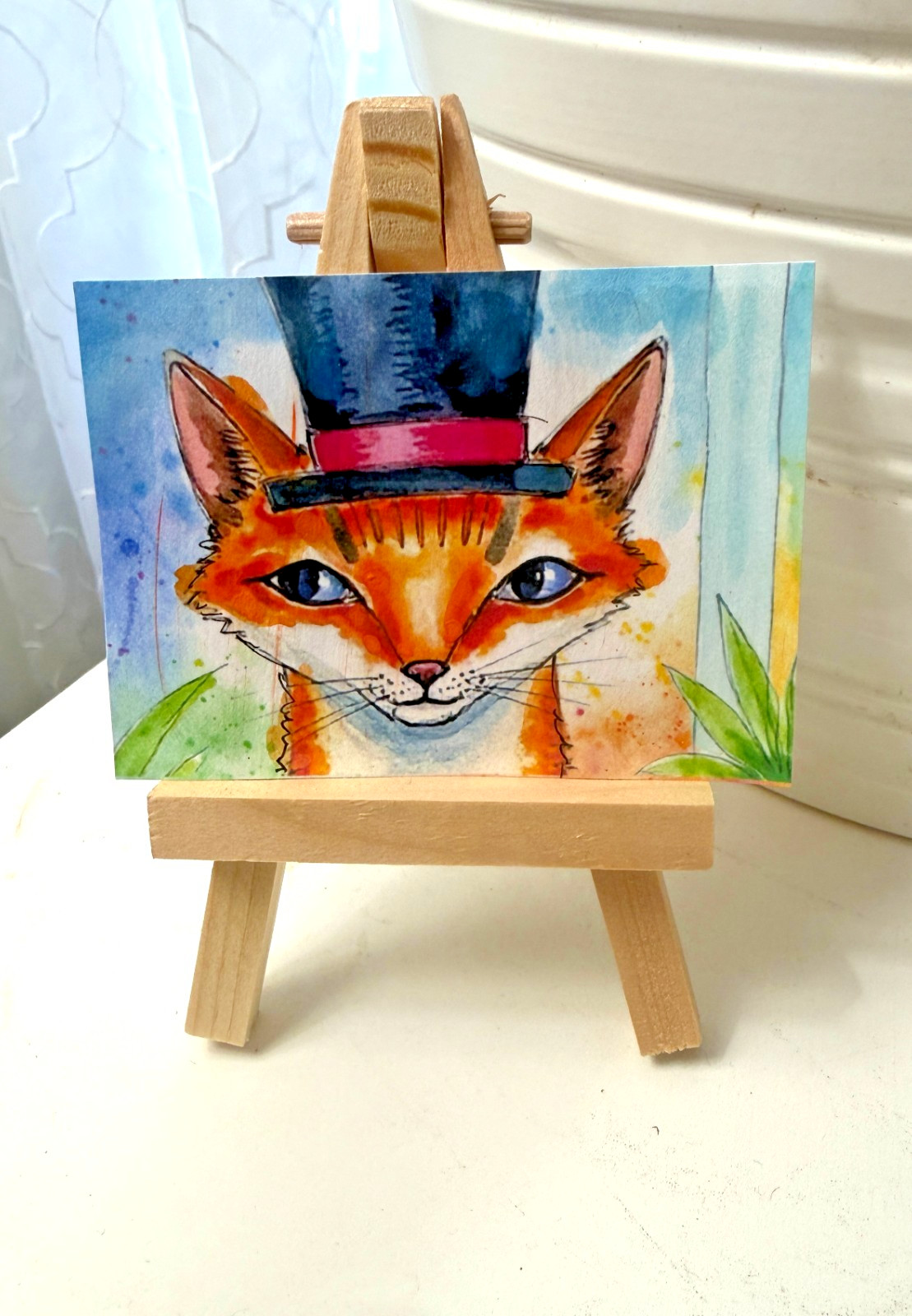 Original Fox ACEO Watercolor Painting Top Hat OOAK Mini Art