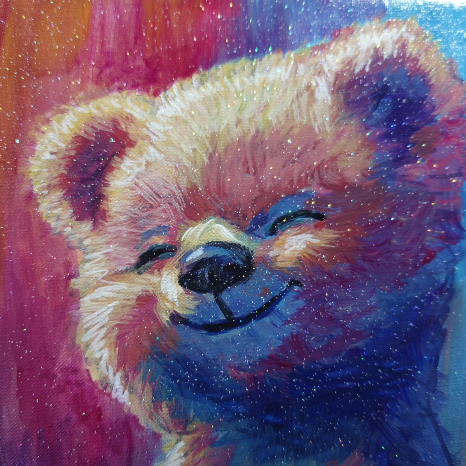 Original Acrylic Painting Colorful Happy Bear Cub Portrait Small Hand Painted