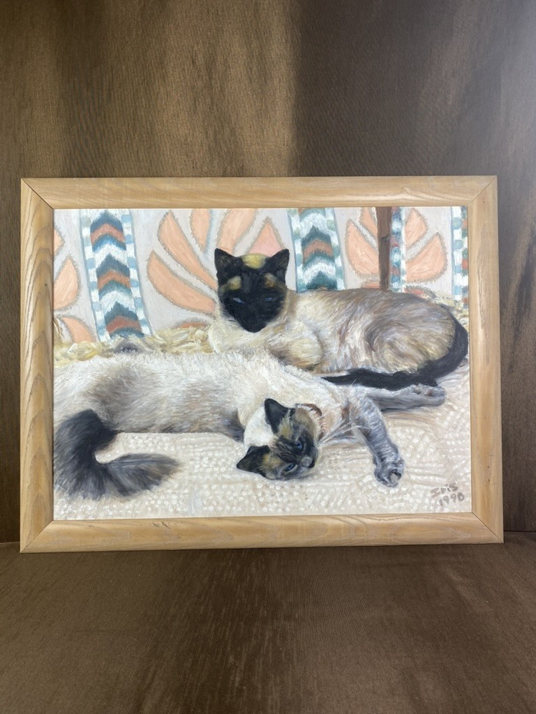 Vintage 1990 Original Siamese Cats Oil Painting – Signed “Iris” & Framed