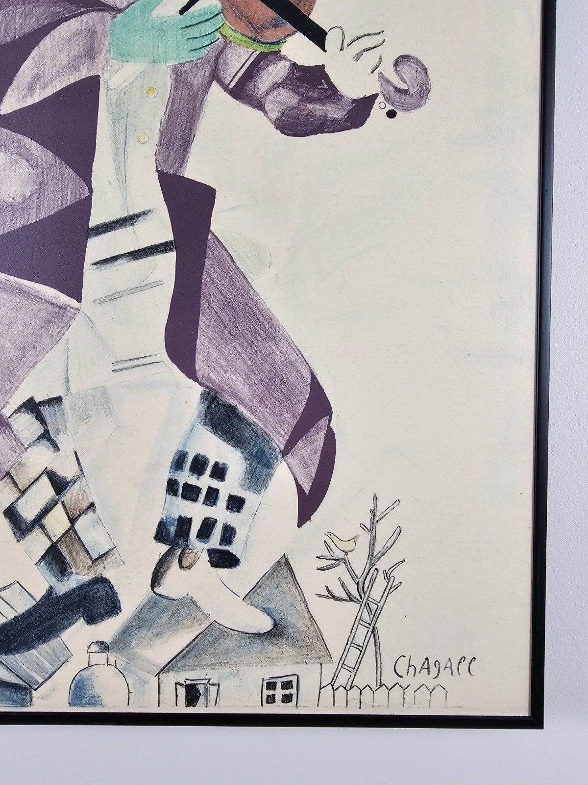 Antique Original Marc Chagall Lithograph Green Violinist 24×18 Framed Litho Art