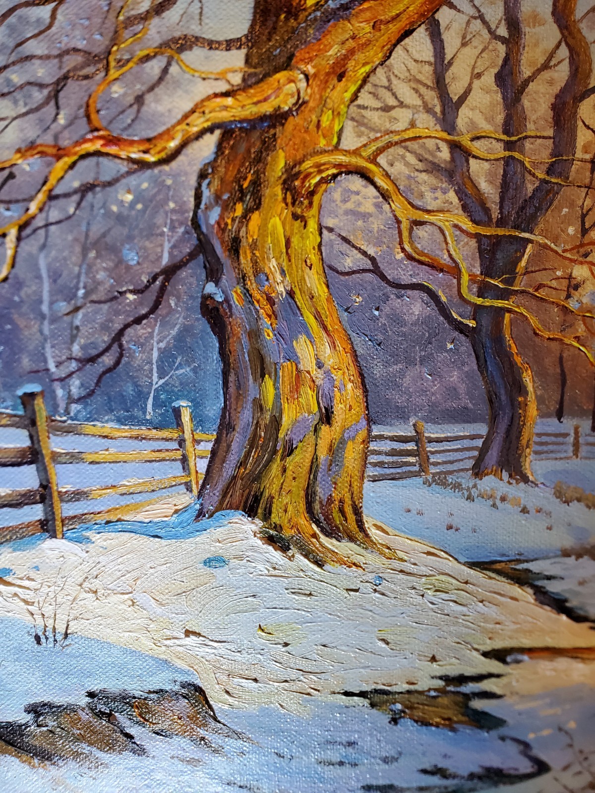 Original Oil Art Framed winter landscape painting with trees and bright blue sky