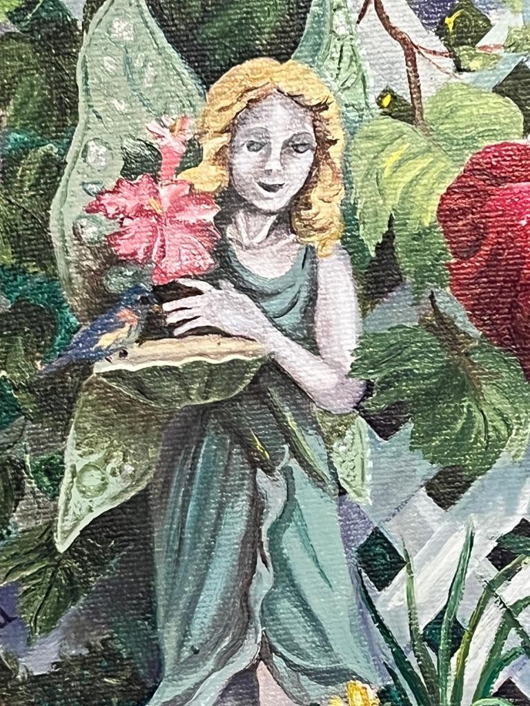 Oil Painting Garden Art Landscape Fairy Statue Flowers & Plants Artist Signed