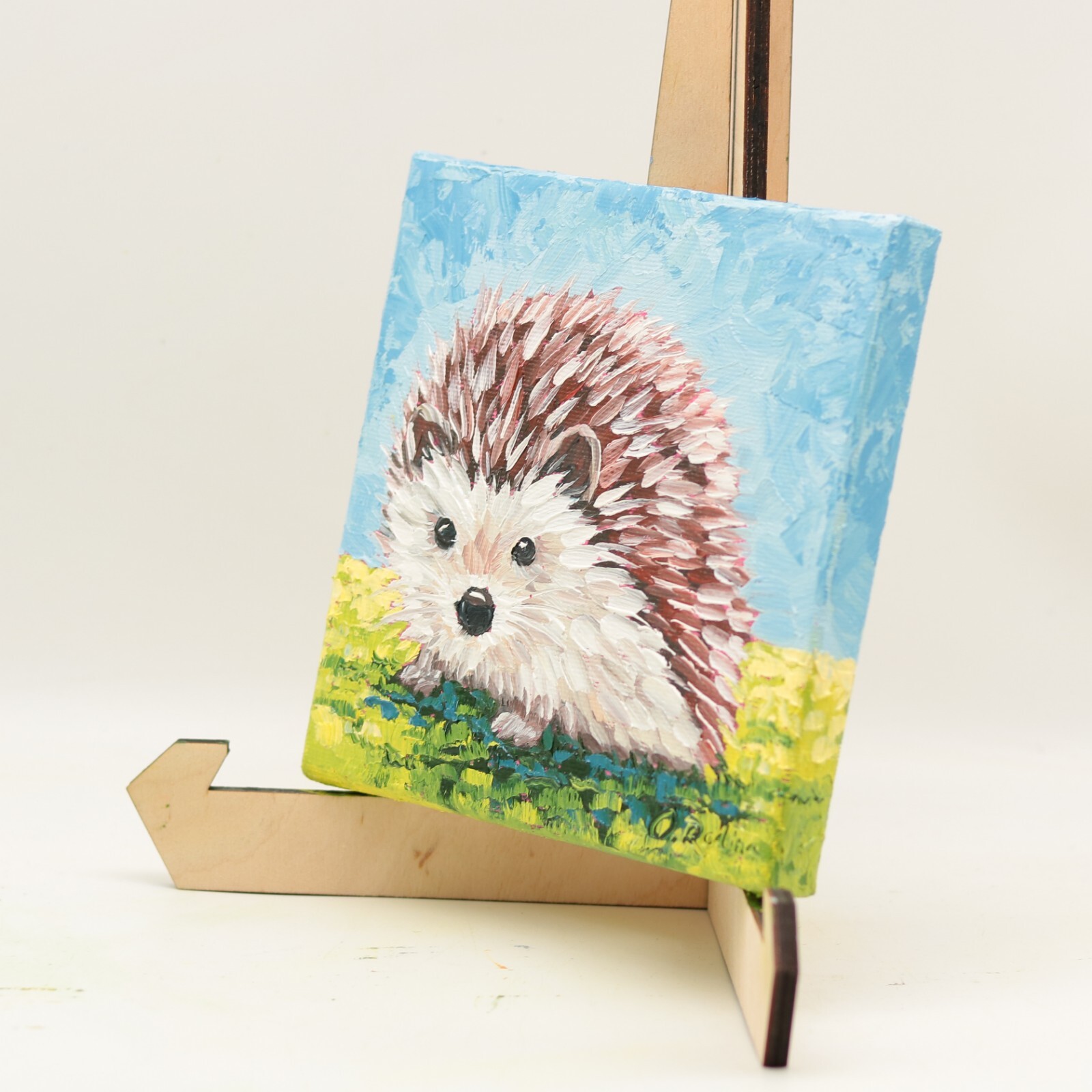 Hedgehog Oil Painting Original Small on Canvas Woodland Animal Art Nursery Kids