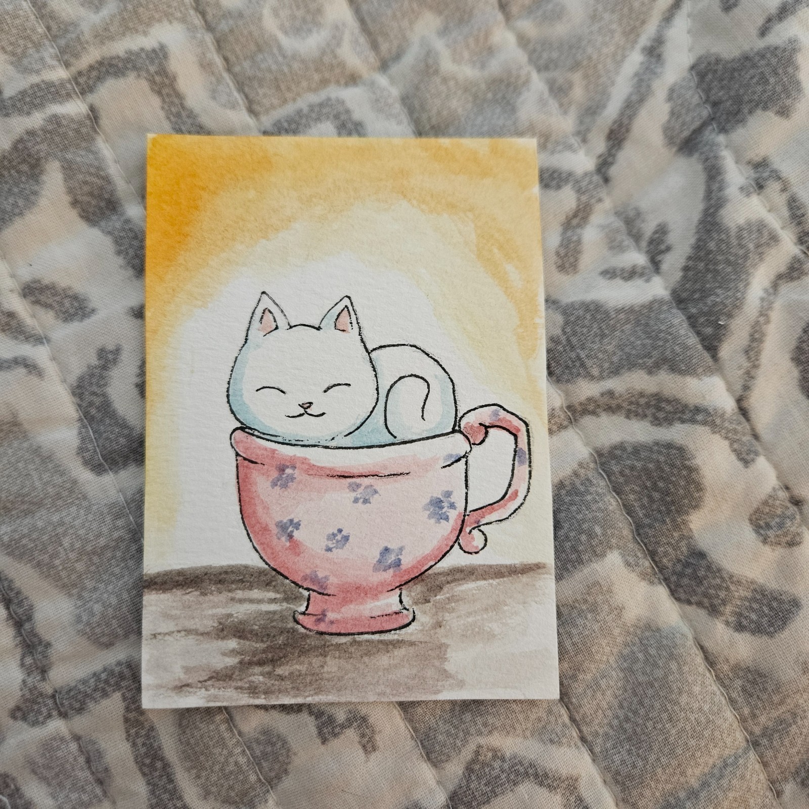ACEO Art Original Acrylic, 2.5 x 3.5 inches, kitty in a tea cup