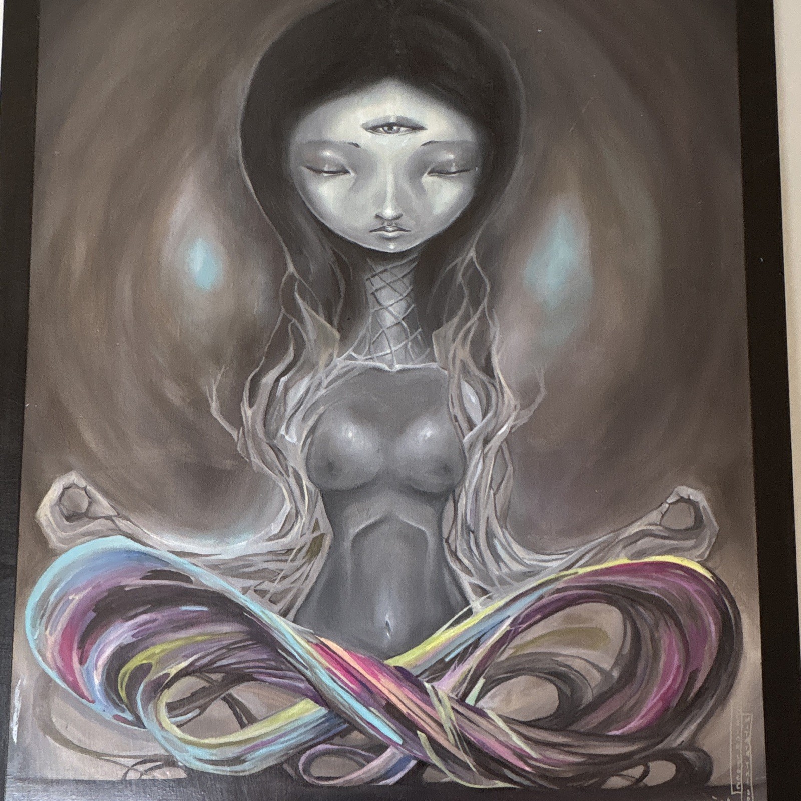 Jeff Logan Style Signed Surreal Canvas 3 Eyes Woman 20×24 Wood Panel