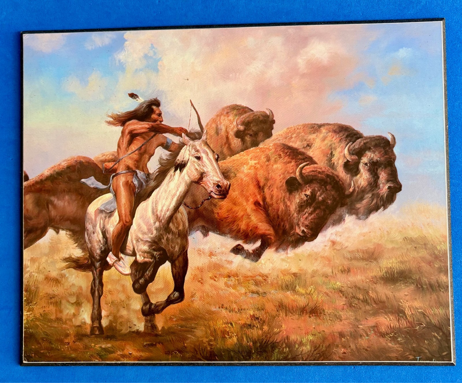 Troy Denton Artist Print on Board Native American Buffalo Hunt With Bow 25 x20cm
