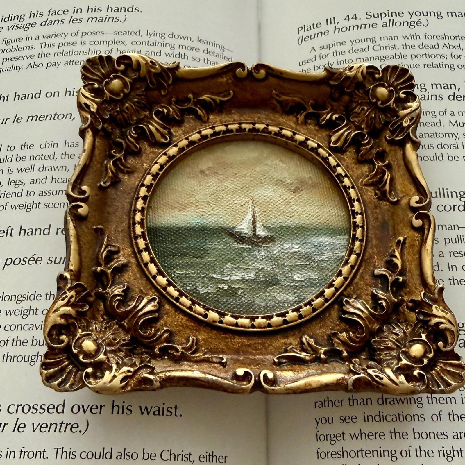 Original Miniature Oil Painting – Oval Seascape Art, Moody Nautical Decor