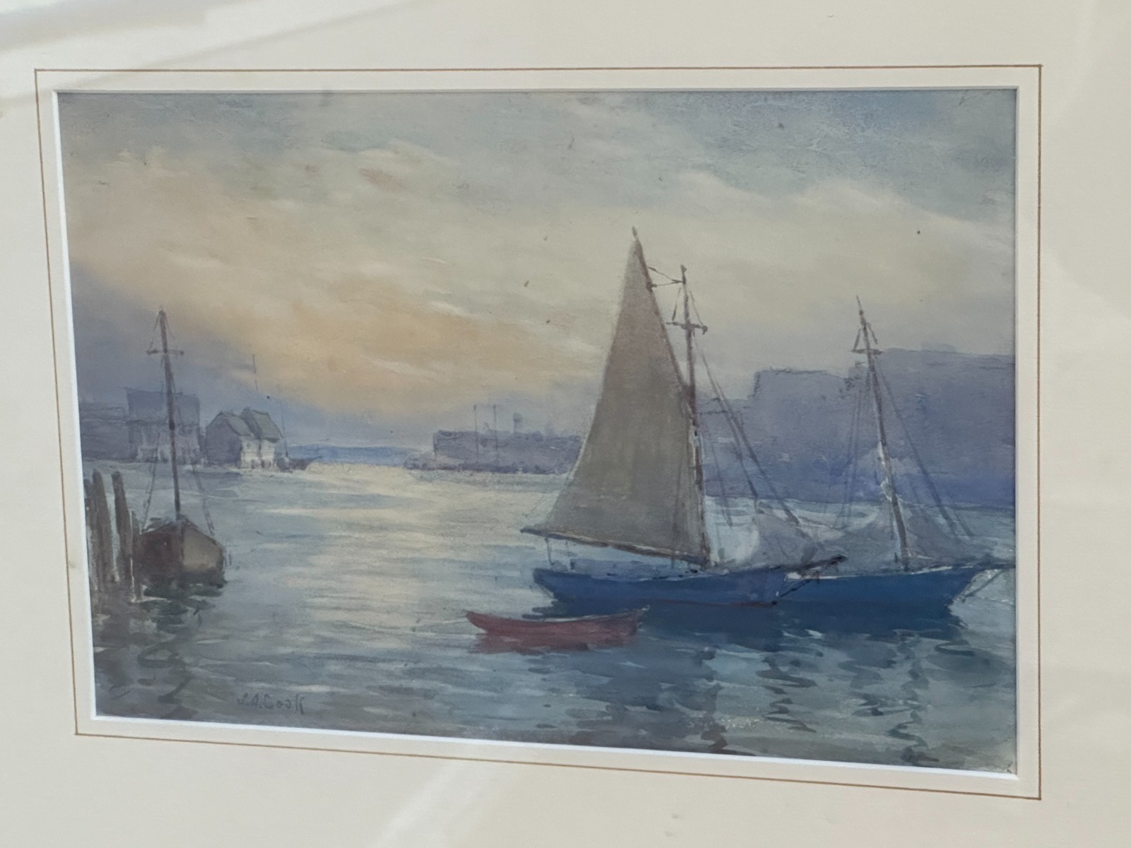 John A. Cook (1870-1936) Gloucester Harbor Sailboats Watercolor, Signed Cape Ann