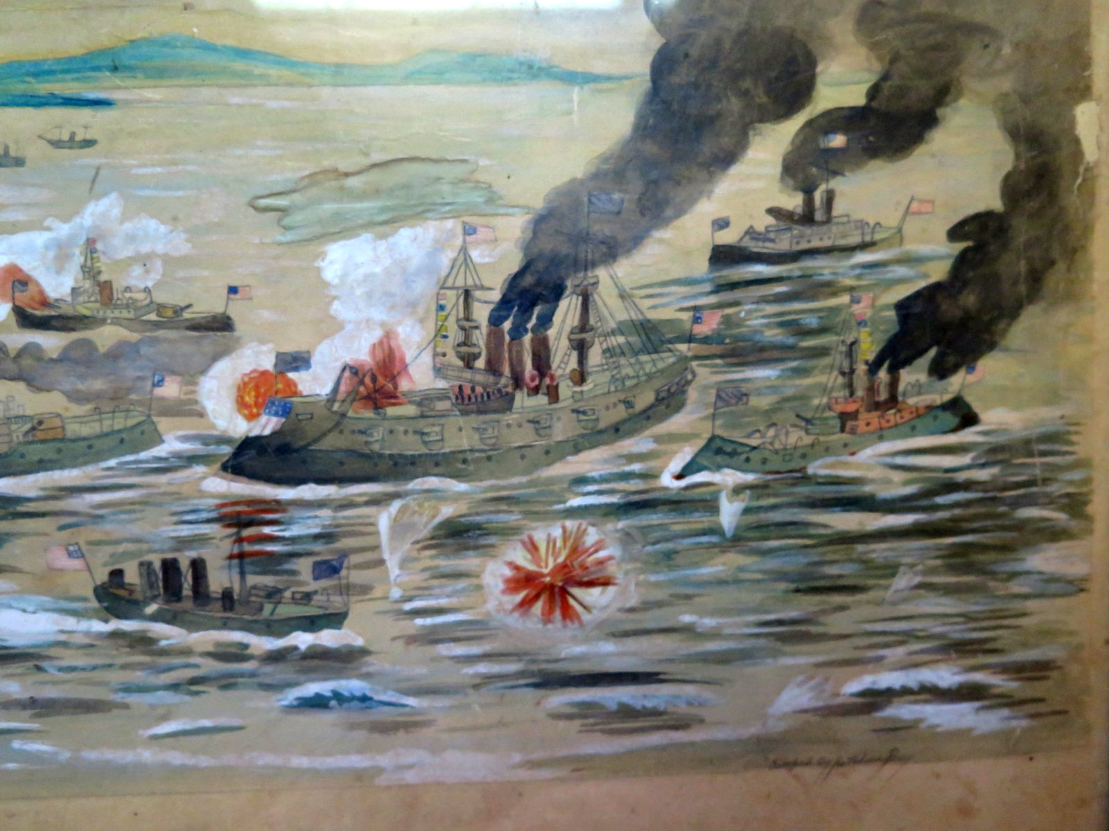 Period 1899 Painting USS White Fleet Battleships Spanish American War San Juan