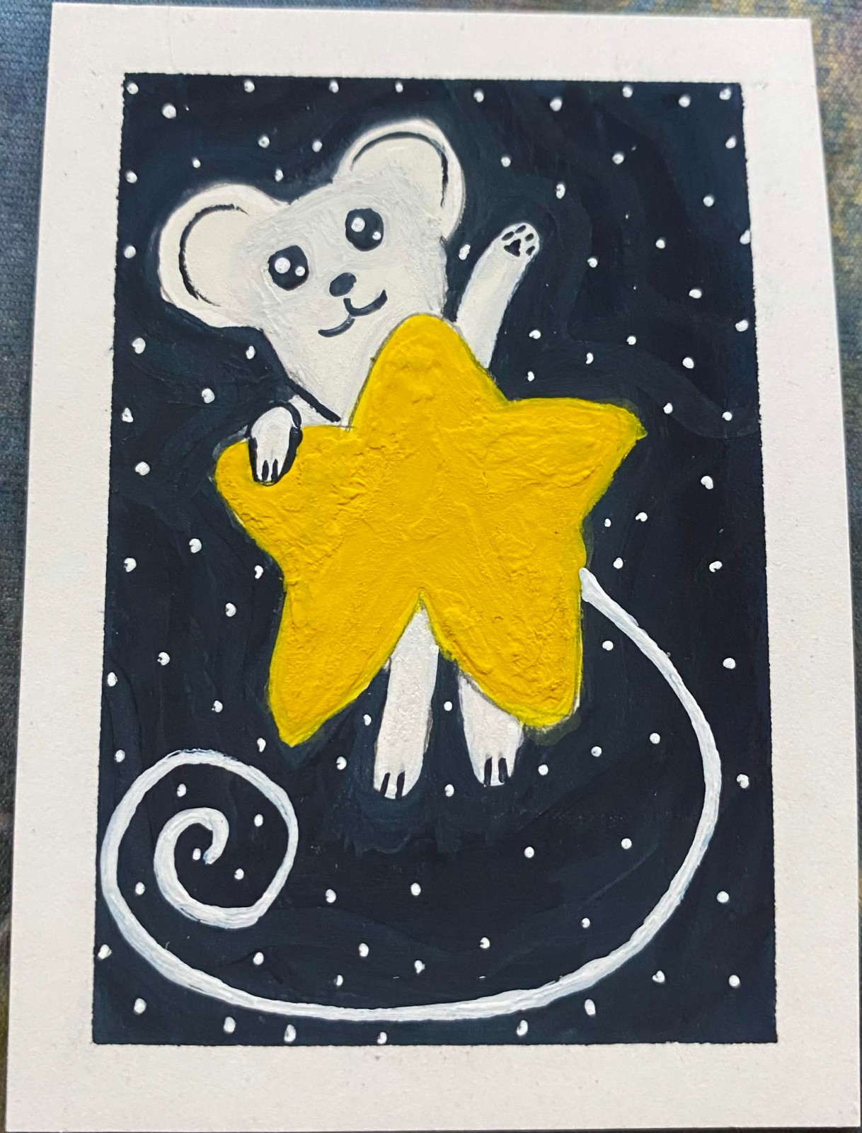 ACEO Original Mouse Mice Space Stars Miniature Painting Art Cute OneCraftyLady