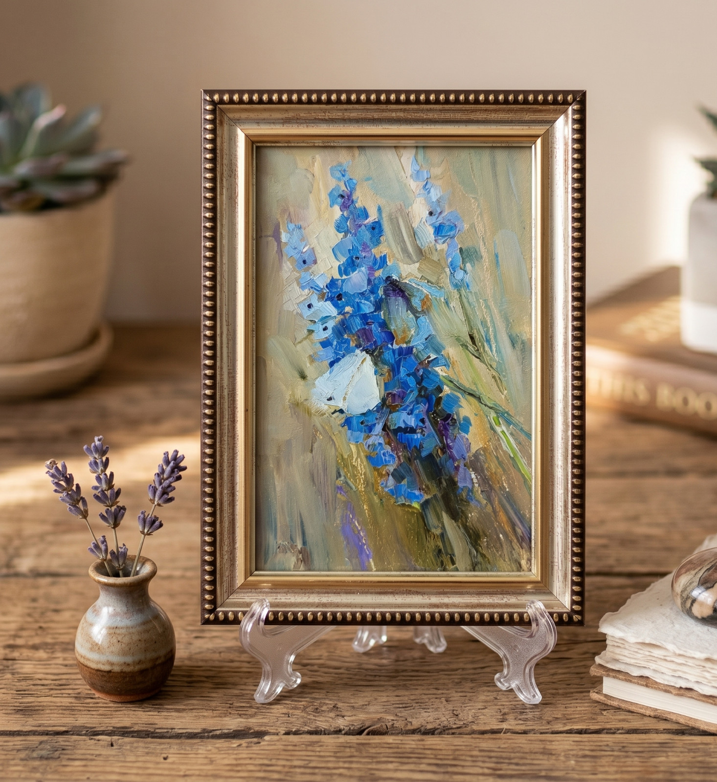 Blue Flowers Original Oil Painting 4×6 Framed Signed Butterfly Floral Wall Art