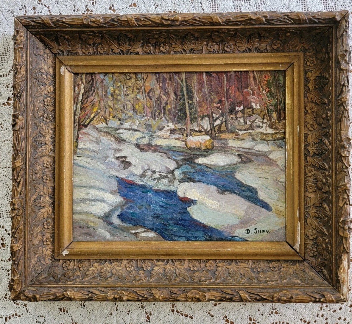 1930s Antique D Shaw Winter Spring Melting Snow Oil Painting On Board Framed