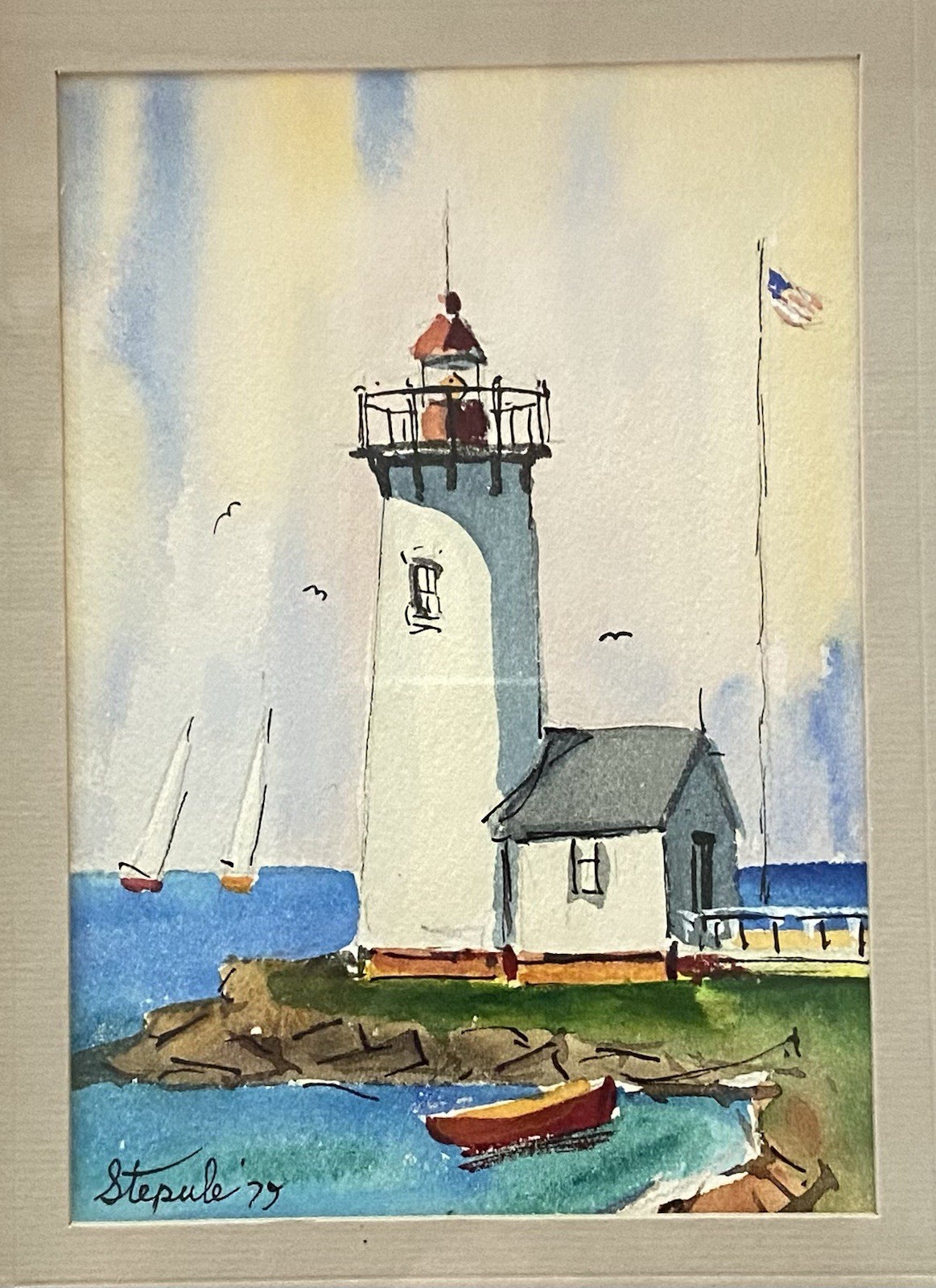 Charles Stepule Signed Painting East Coast Lighthouse Watercolor Framed