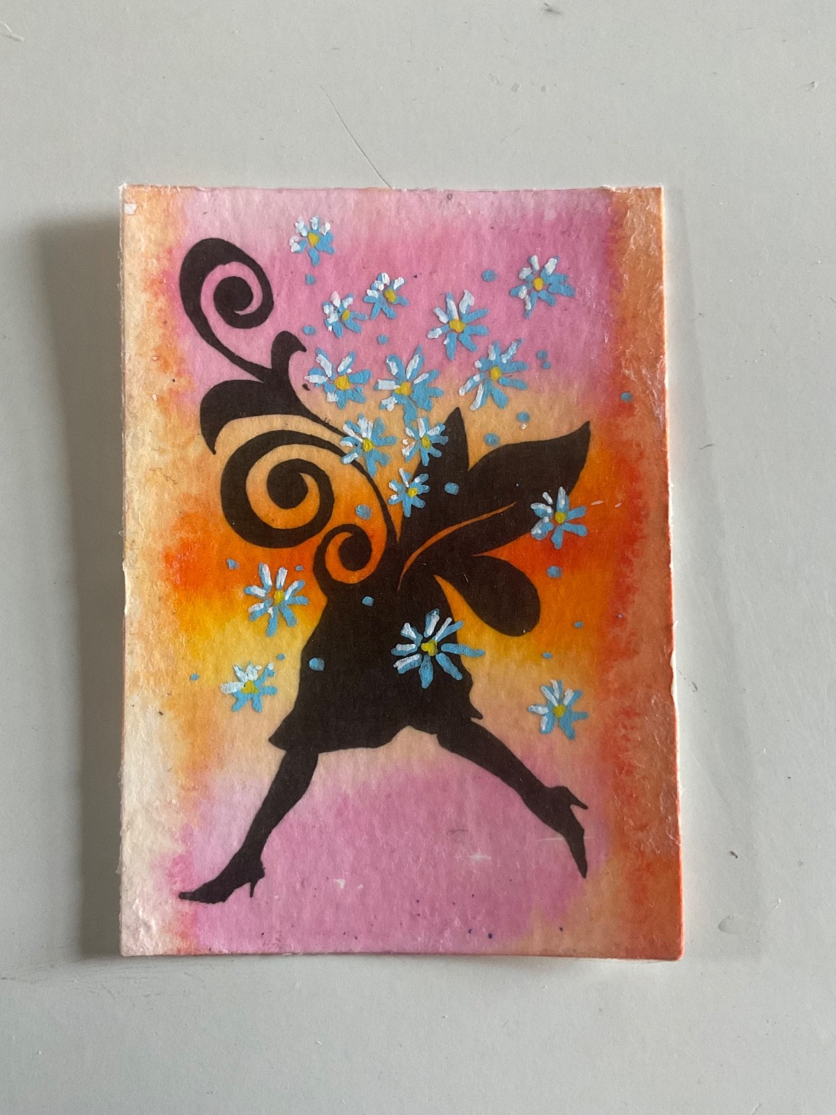 aceo original art flower figure sunset fantasy collage pop oddities 2.5 3.5