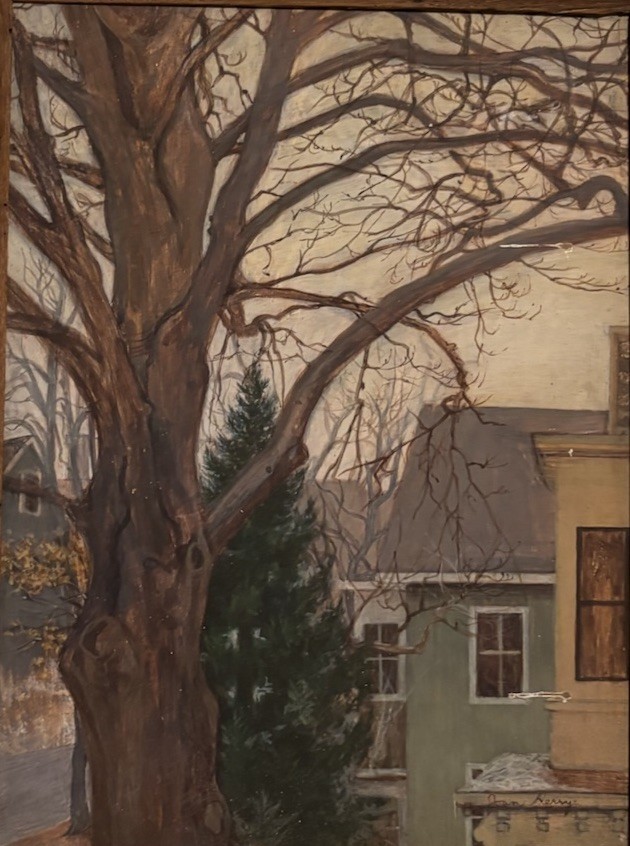 Joan Kerry (British 1929-1996) Oil On Board Painting Town Houses Landscape Trees